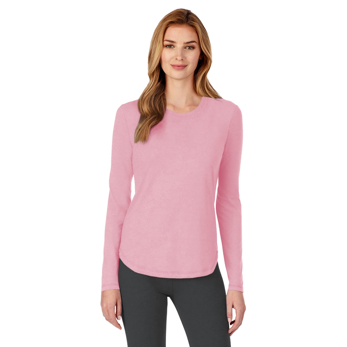 Cameo Pink;Model is wearing size S. She is 5’9”, Bust 32”, Waist 23", Hips 34.5”.@A lady wearing pink cameo long sleeve underscrub crew neck to prtite.