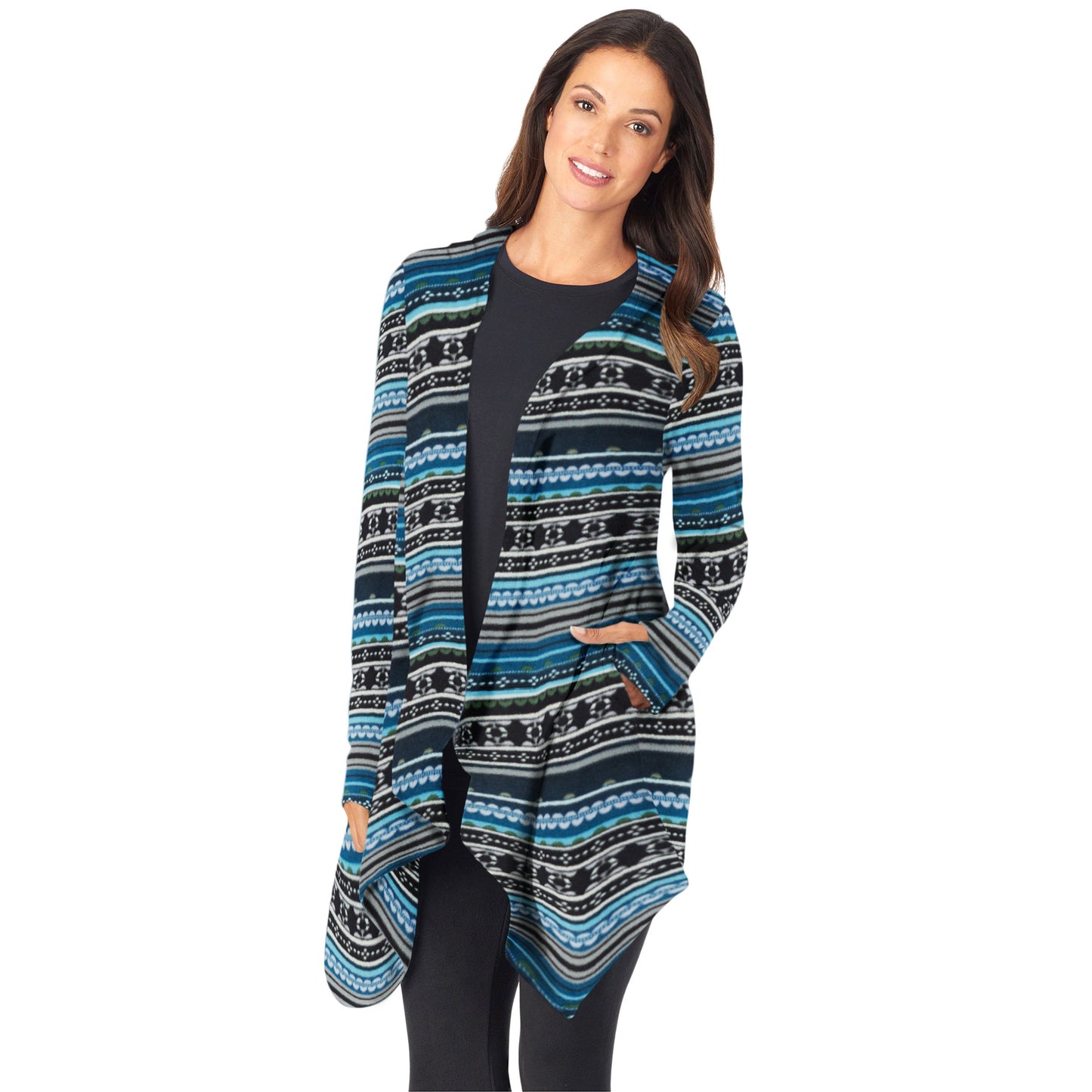 Blue Fairisle;Model is wearing size S. She is 5’9”, Bust 32”, Waist 25”, Hips 35”.