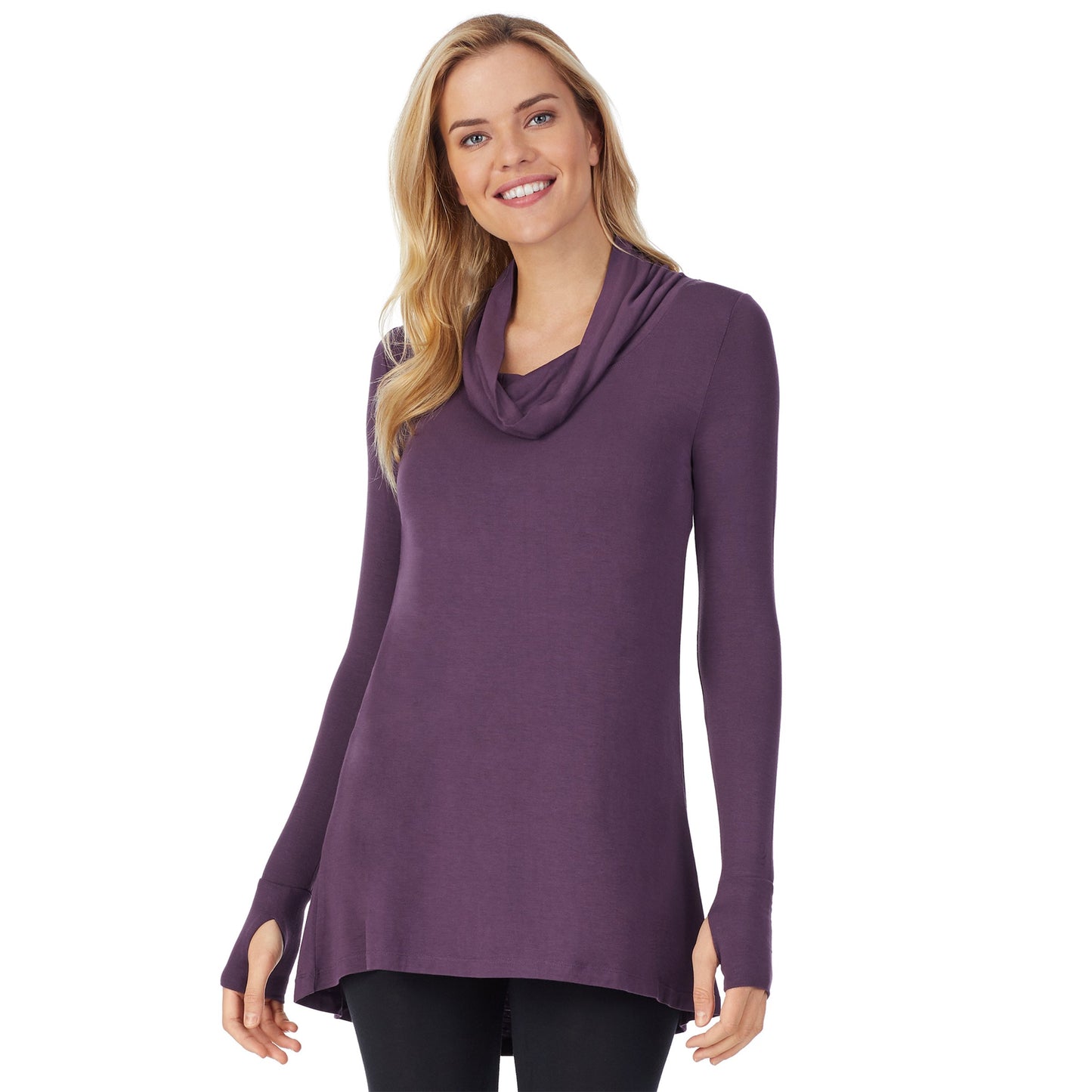 Boysenberry Purple;Model is wearing size S. She is 5’9”, Bust 32”, Waist 25”, Hips 35”@A lady wearing softwear with stretch long sleeve cowl tunic.