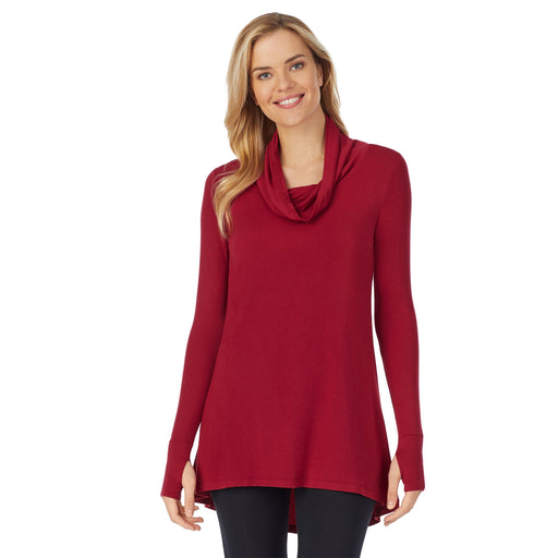 Deep Red;Model is wearing size S. She is 5’9”, Bust 32”, Waist 25”, Hips 35”@A lady wearing softwear with stretch long sleeve cowl tunic.
