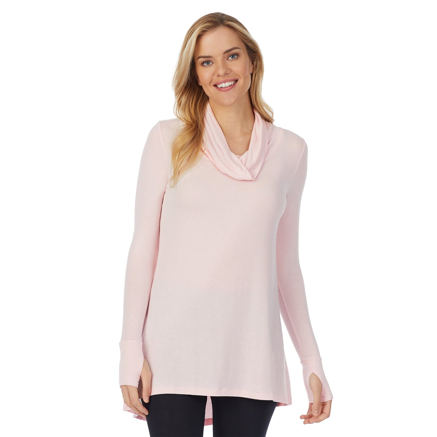 Slipper Pink;Model is wearing size S. She is 5’10”, Bust 34”, Waist 26", Hips 38”.@A lady wearing softwear with stretch long sleeve cowl tunic.