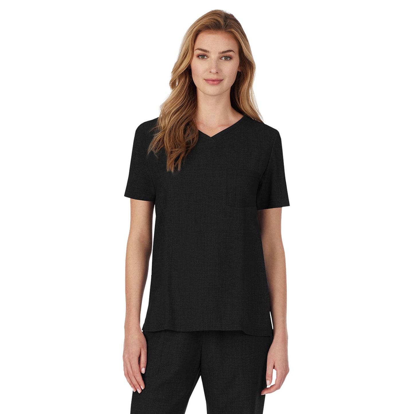 Black;Model is wearing size S. She is 5’9”, Bust 32”, Waist 23", Hips 34.5”.@A lady wearing black short sleeve scrub v-neck top with chest pocket.