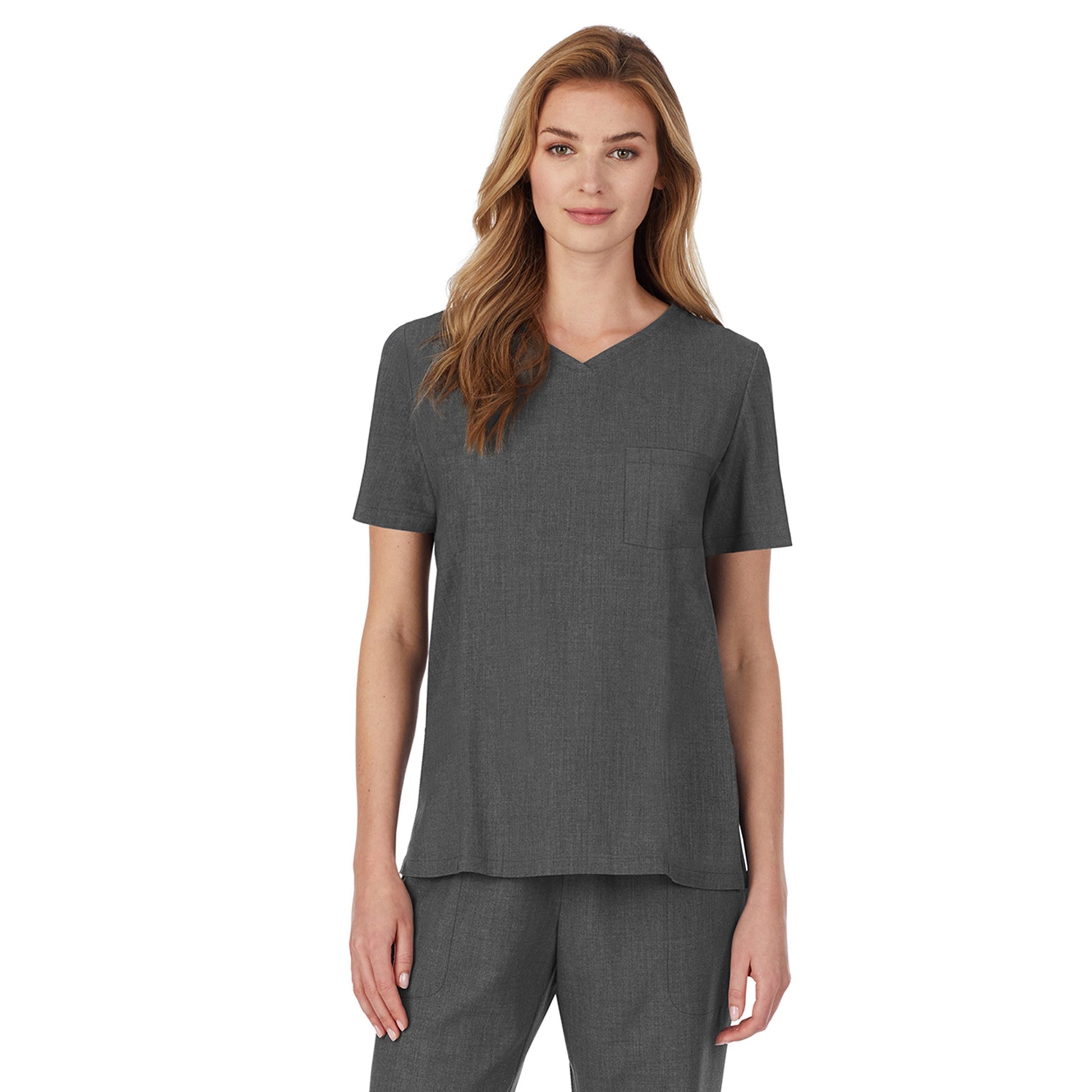 Charcoal Heather;Model is wearing size S. She is 5’9”, Bust 32”, Waist 23", Hips 34.5”.@A lady wearing Charcoal Heather short sleeve scrub v-neck top with chest pocket.