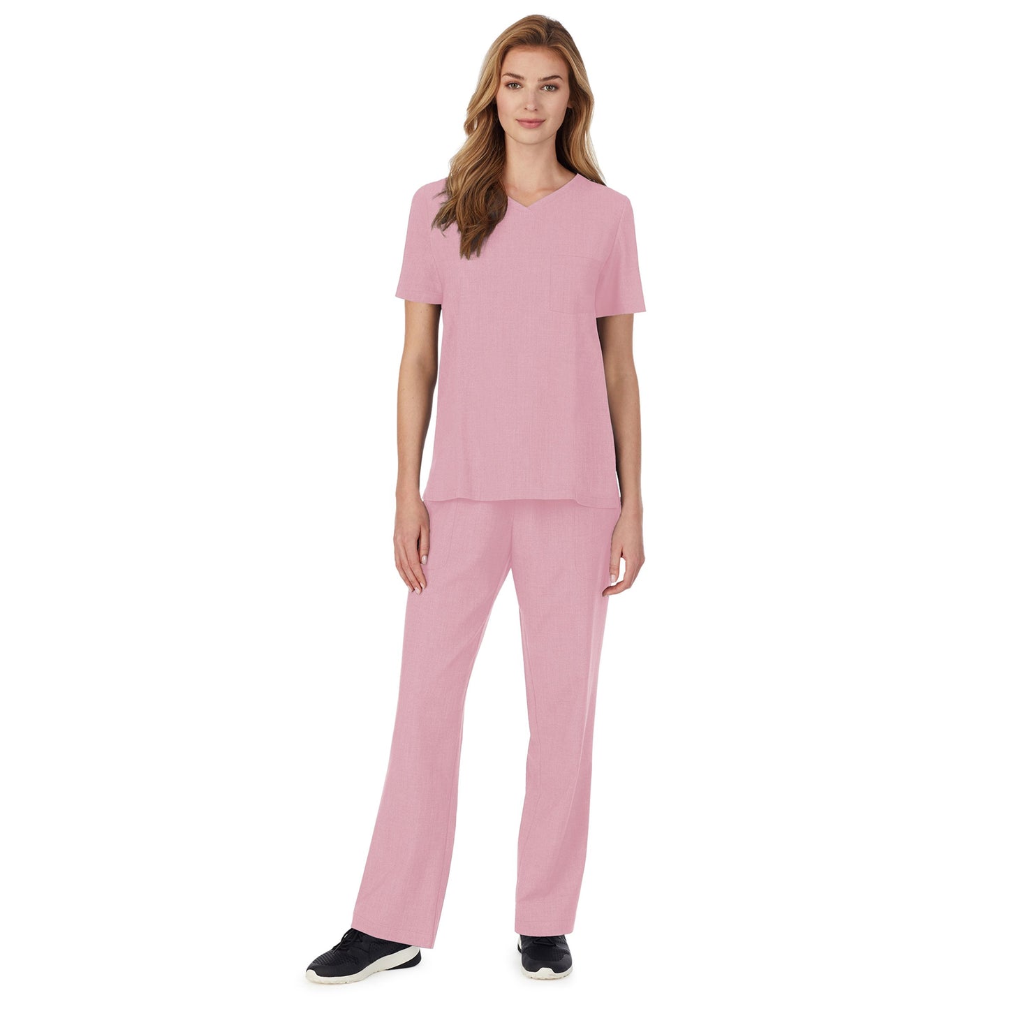 Cameo Pink Heather;Model is wearing size S. She is 5’9”, Bust 32”, Waist 23", Hips 34.5”.@A lady wearing Cameo Pink Heather short sleeve scrub v-neck top with chest pocket.