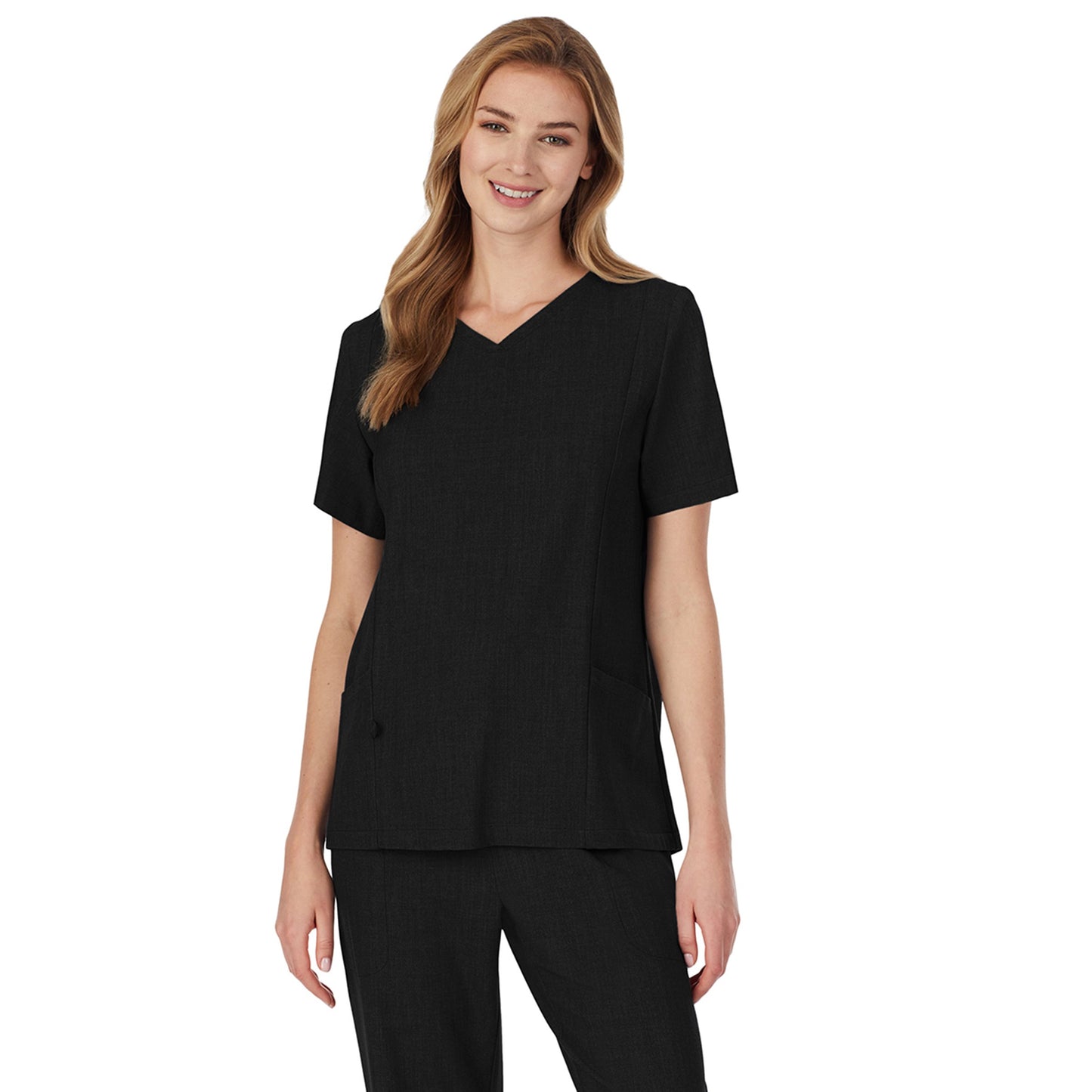 Black;Model is wearing size S. She is 5’9”, Bust 32”, Waist 23", Hips 34.5”.@A lady wearing black scrub v-neck top with side pockets.