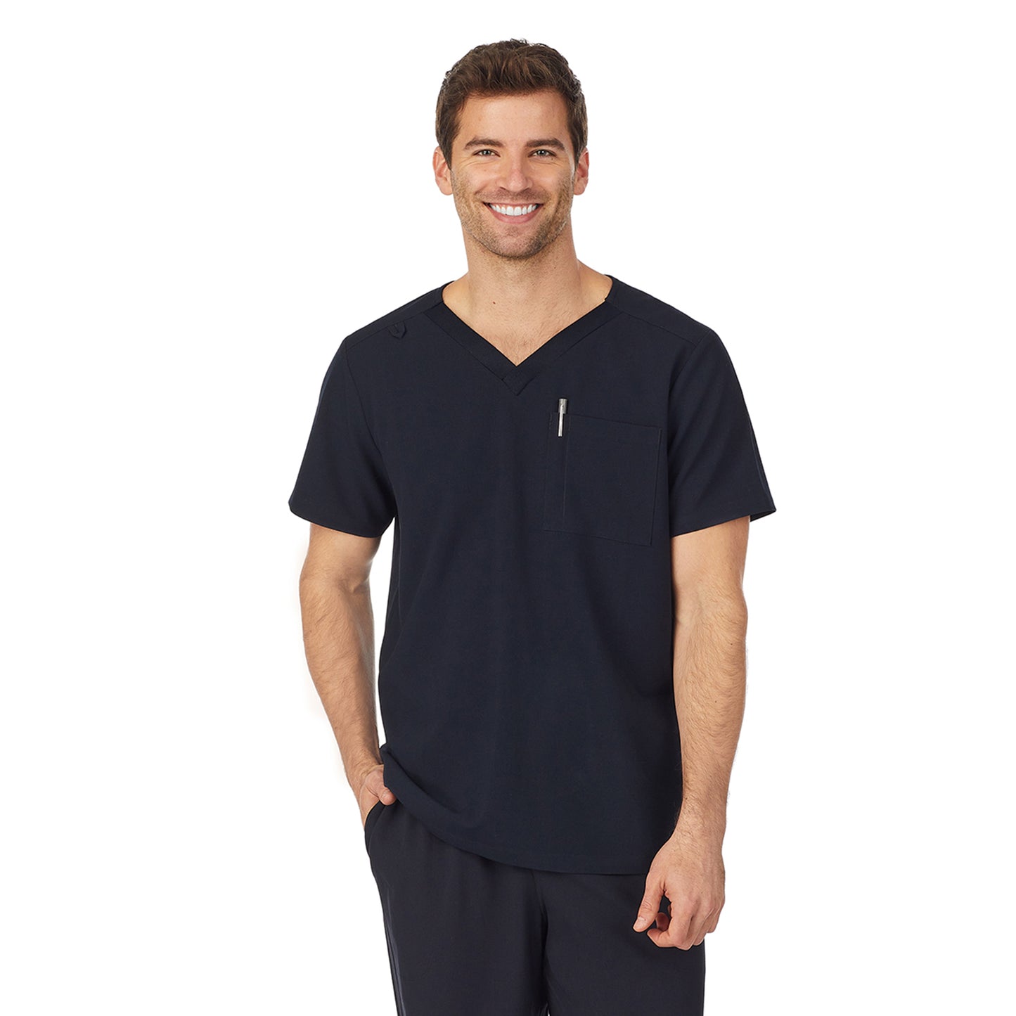 Black;Model is wearing size M. He is 6'2", Waist 32", Inseam 32".@A man wearing black mens scrub v-neck top with chest pocket.