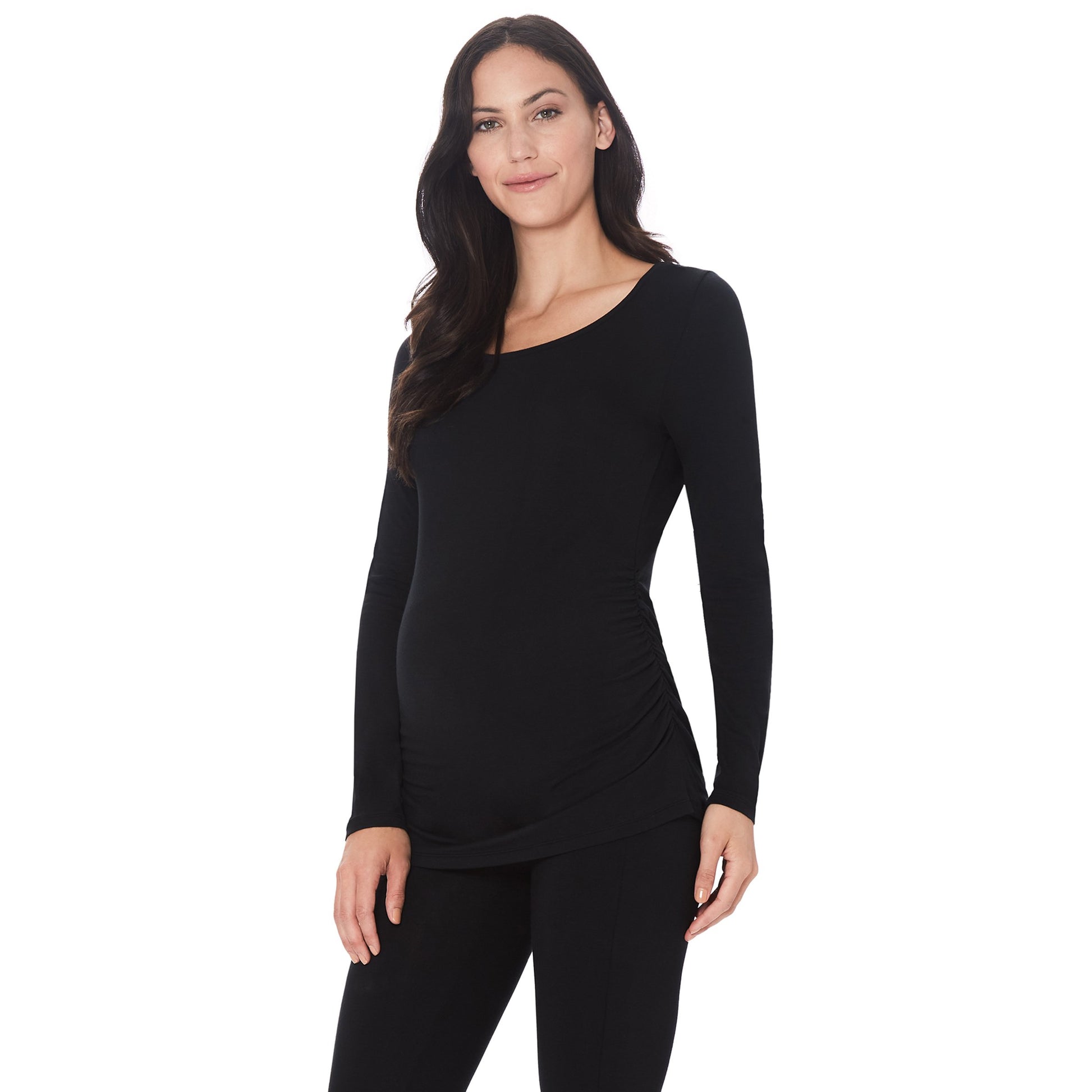 Black;Model is wearing a size S. She is 5’11”, Bust 34”, Waist 30.5”, Hips 40”.#Model is wearing a maternity bump.@ A lady wearingSoftwear with Stretch Maternity Ballet Neck Top with Black print
