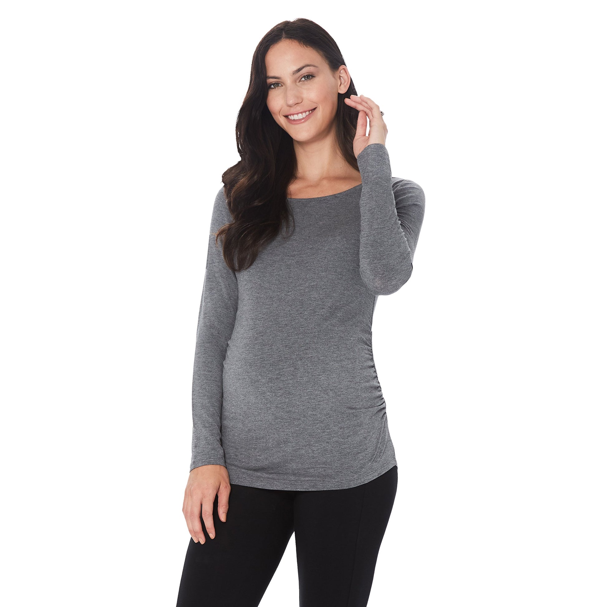 Charcoal Heather;Model is wearing a size S. She is 5’11”, Bust 34”, Waist 30.5”, Hips 40”.#Model is wearing a maternity bump.@ A lady wearingSoftwear with Stretch Maternity Ballet Neck Top with Charcoal Heather print