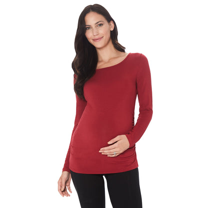 Deep Red;Model is wearing a size S. She is 5’11”, Bust 34”, Waist 30.5”, Hips 40”.#Model is wearing a maternity bump.@ A lady wearingSoftwear with Stretch Maternity Ballet Neck Top with Deep Red print