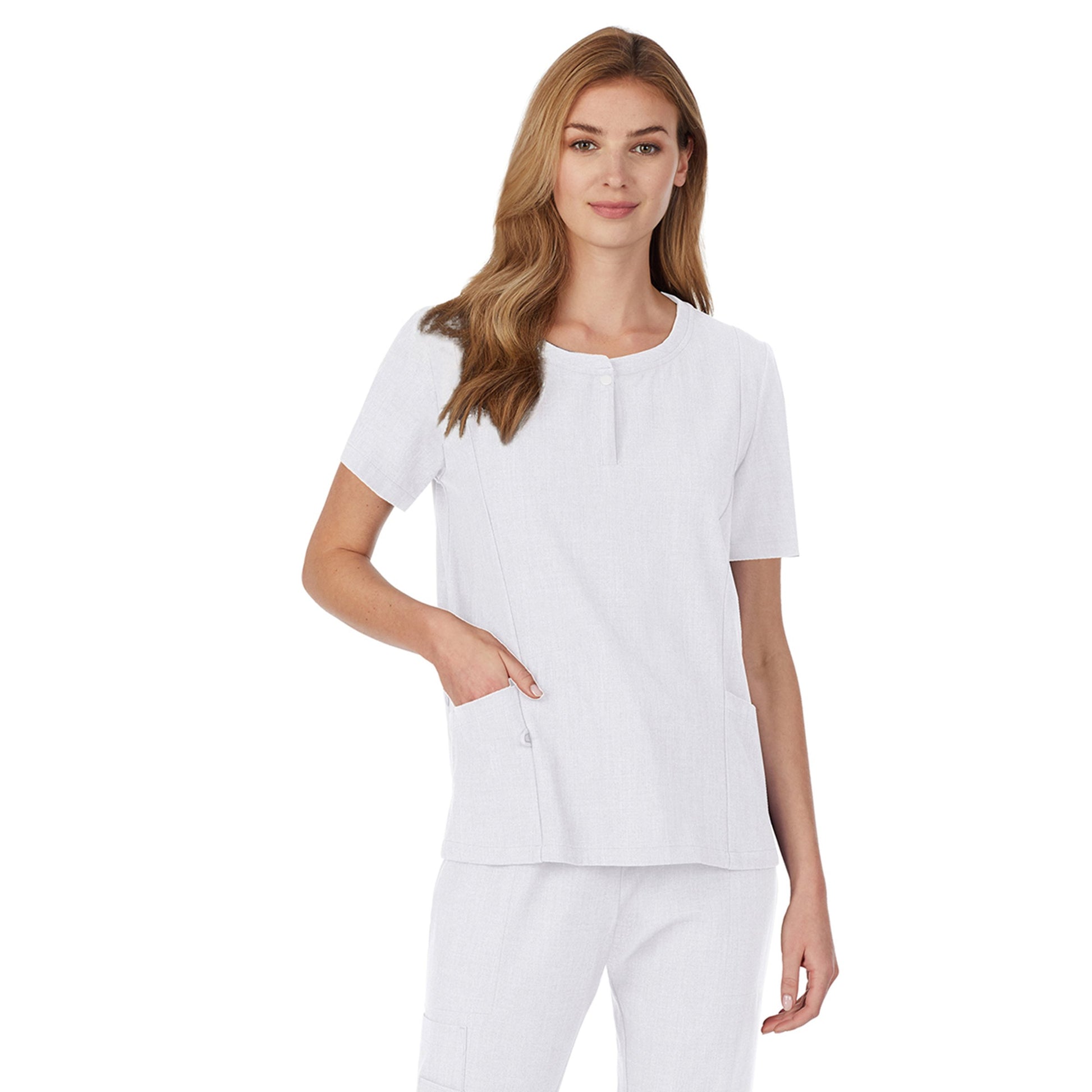 White;Model is wearing size S. She is 5’9”, Bust 32”, Waist 23", Hips 34.5”.@A lady wearing white short sleeve scrub henley neck top with side pockets.