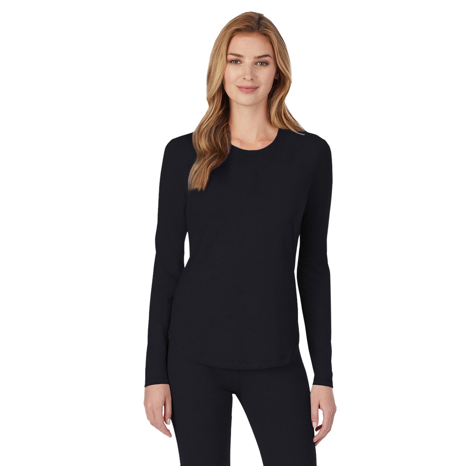 Black;Model is wearing size S. She is 5’9”, Bust 32”, Waist 23", Hips 34.5”.@A lady wearing a black long sleeve underscrub crew neck top.