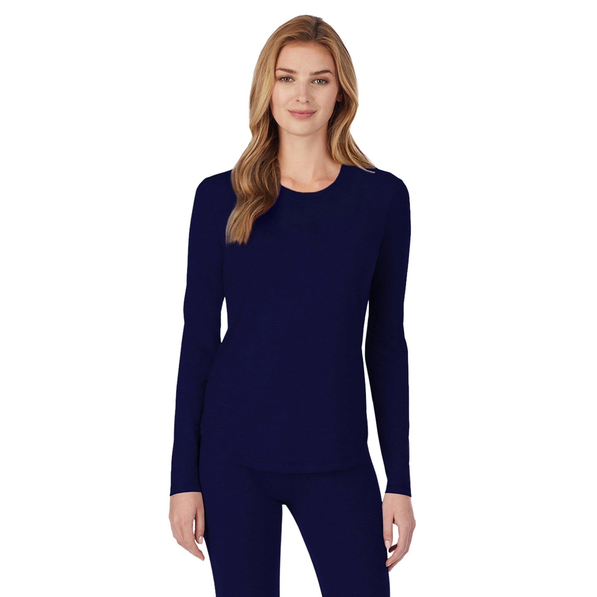 Navy;Model is wearing size S. She is 5’9”, Bust 32”, Waist 23", Hips 34.5”.@A lady wearing a navy long sleeve underscrub crew neck top.
