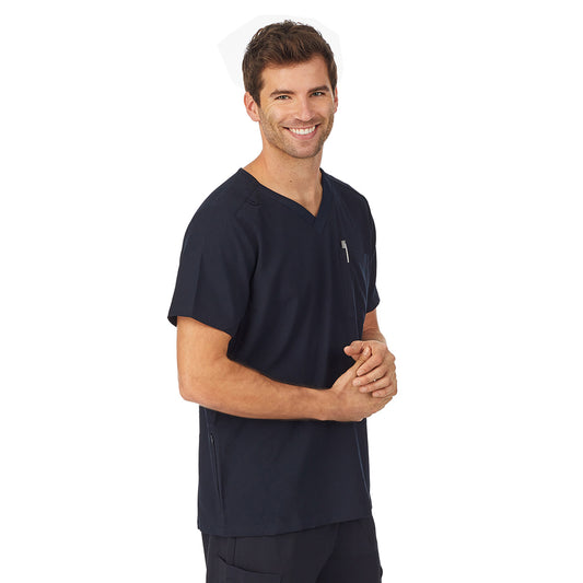 Black;Model is wearing size M. He is 6'2", Waist 32", Inseam 32".@A man wearing black scrub v-neck top with pockets.