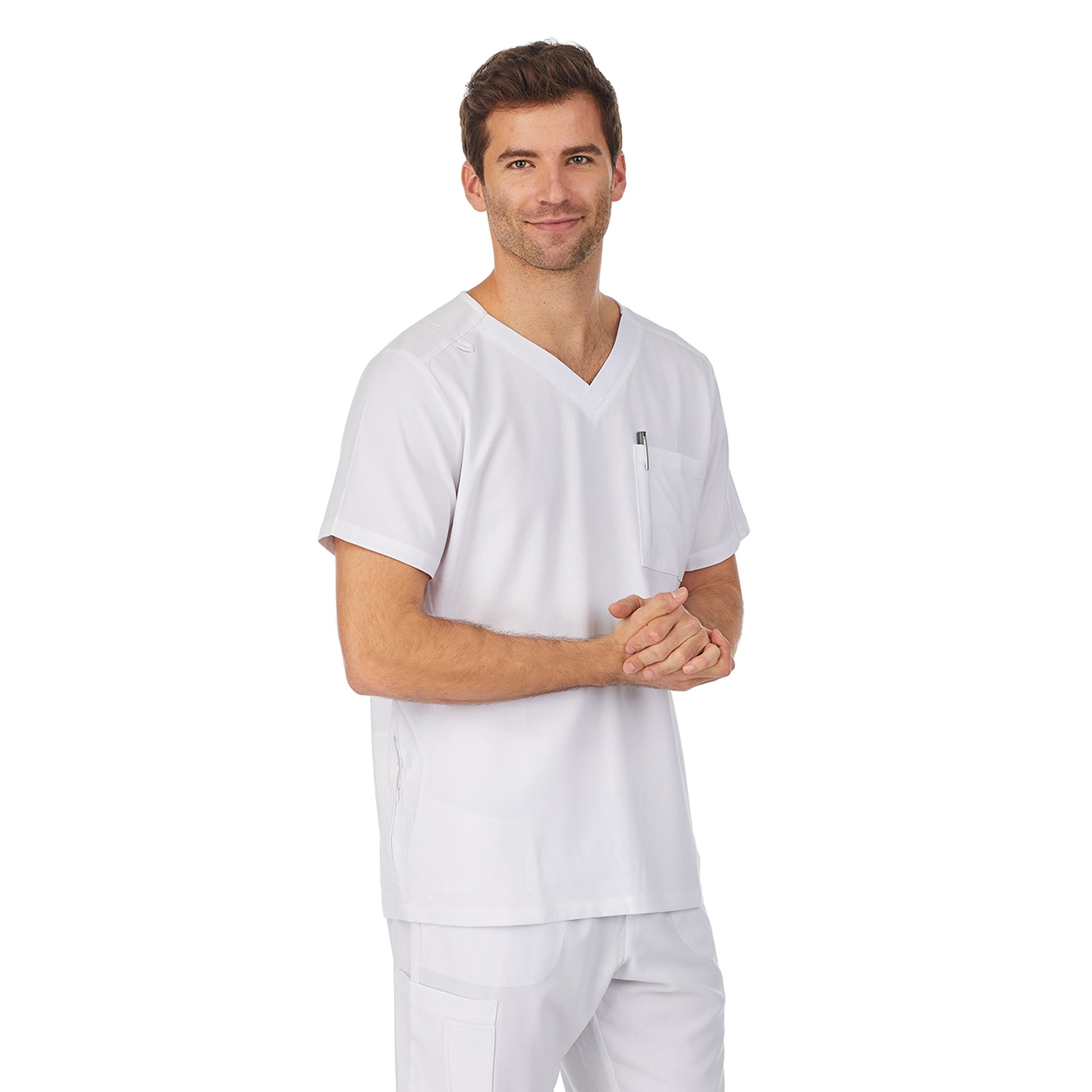 White;Model is wearing size M. He is 6'2", Waist 32", Inseam 32".@A man wearing white scrub v-neck top with pockets.