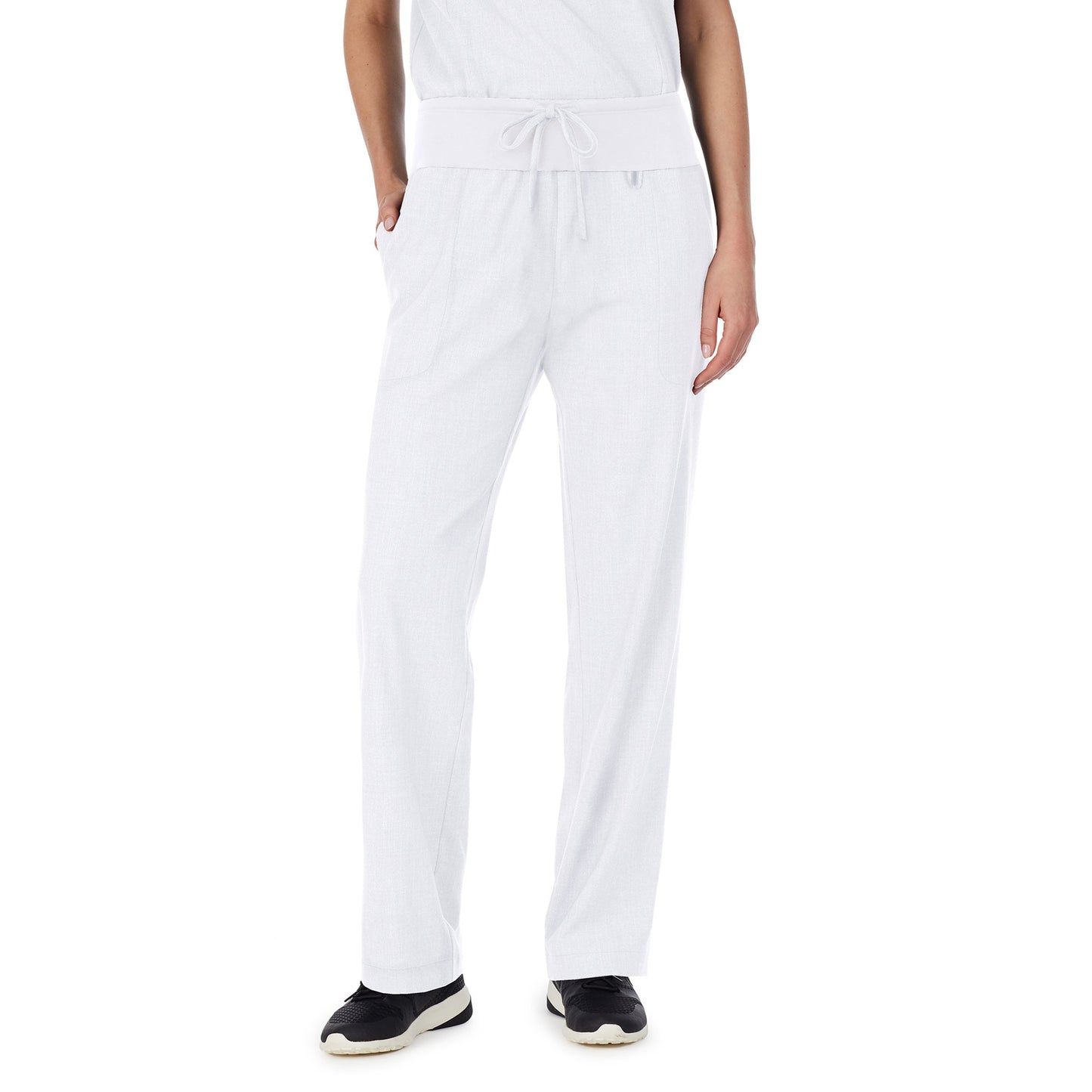 White;Model is wearing size S. She is 5’9”, Bust 32”, Waist 23", Hips 34.5”.@A lady wearing white scrub classic pant.