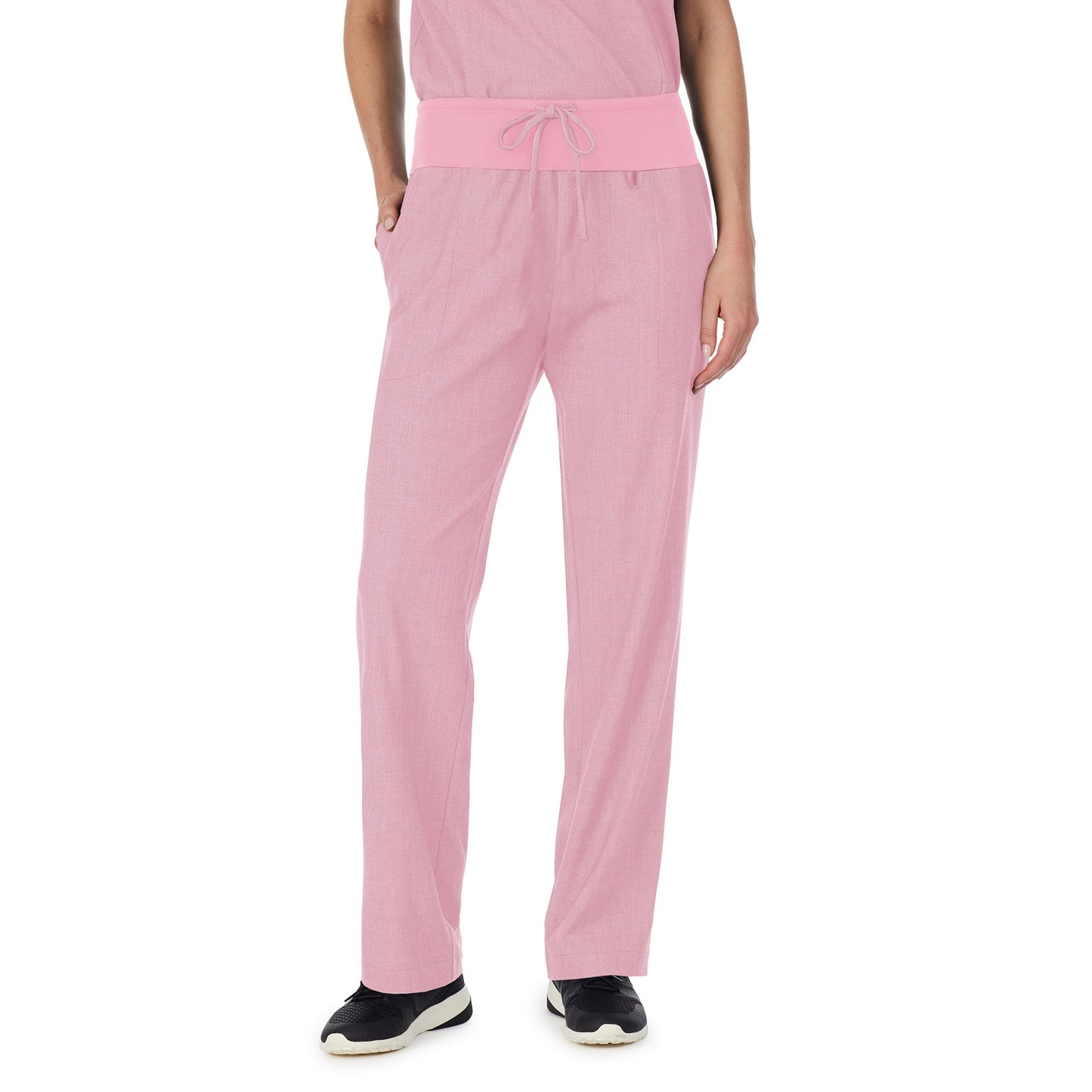 Cameo Pink Heather;Model is wearing size S. She is 5’9”, Bust 32”, Waist 23", Hips 34.5”.@A lady wearing cameo pink heather scrub classic pant.