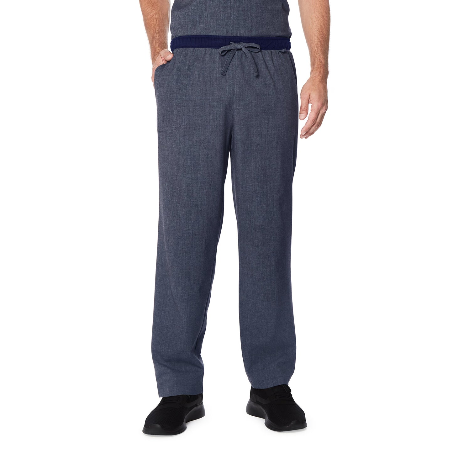 Navy Heather;Model is wearing size M. He is 6'2", Waist 32", Inseam 32".@A man wearing navy heather scrub classic pant.