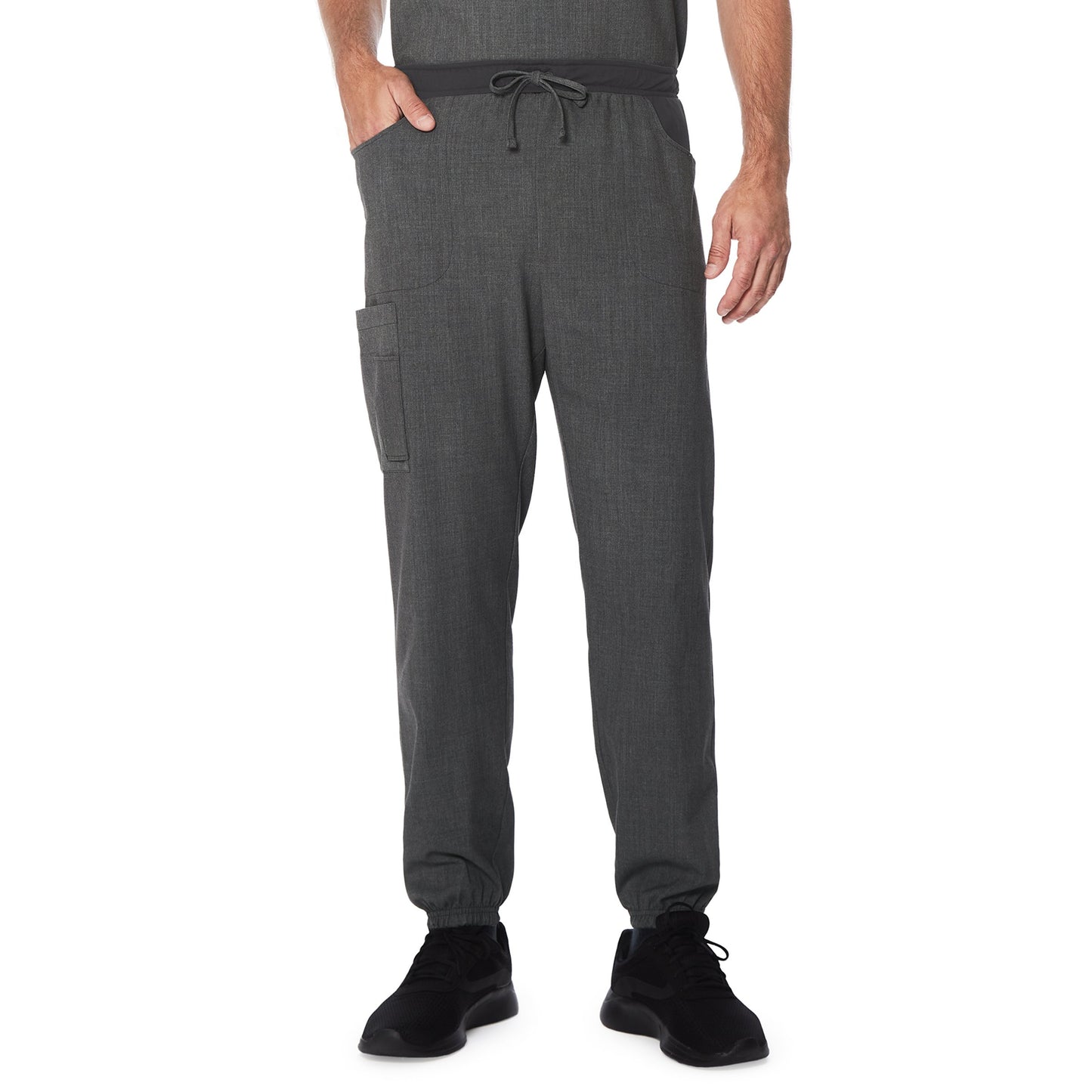 Charcoal Heather;Model is wearing size M. He is 6'2", Waist 32", Inseam 32".@A man wearing a charcoal heather scrub jogger pant.