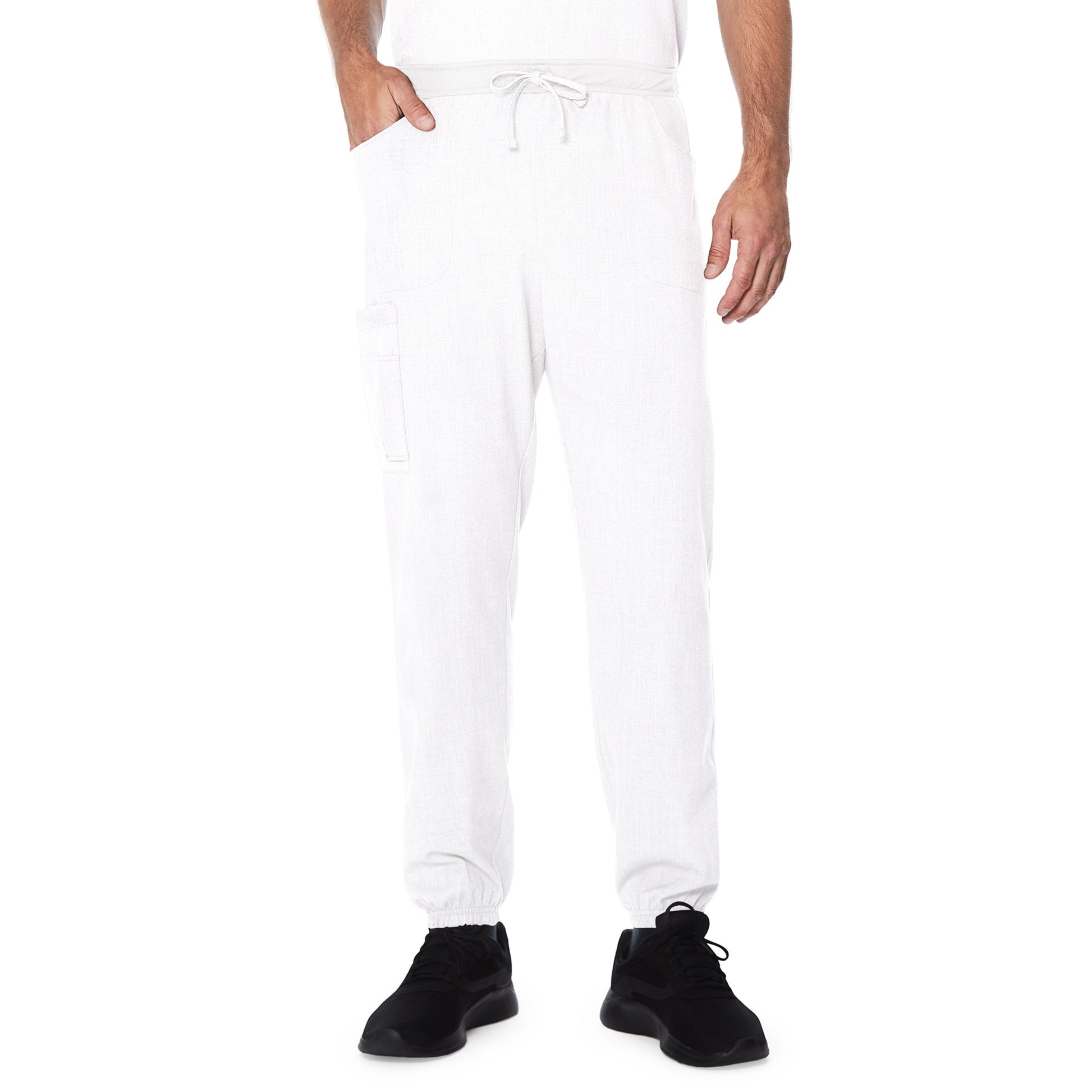 White;Model is wearing size M. He is 6'2", Waist 32", Inseam 32".@A man wearing a white scrub jogger pant.