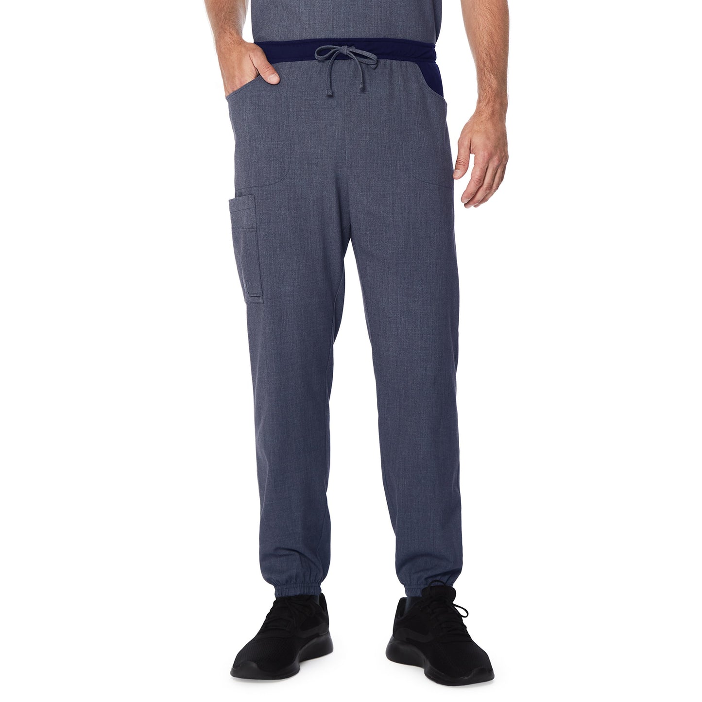 Navy Heather;Model is wearing size M. He is 6'2", Waist 32", Inseam 32".@A man wearing a navy heather scrub jogger pant.