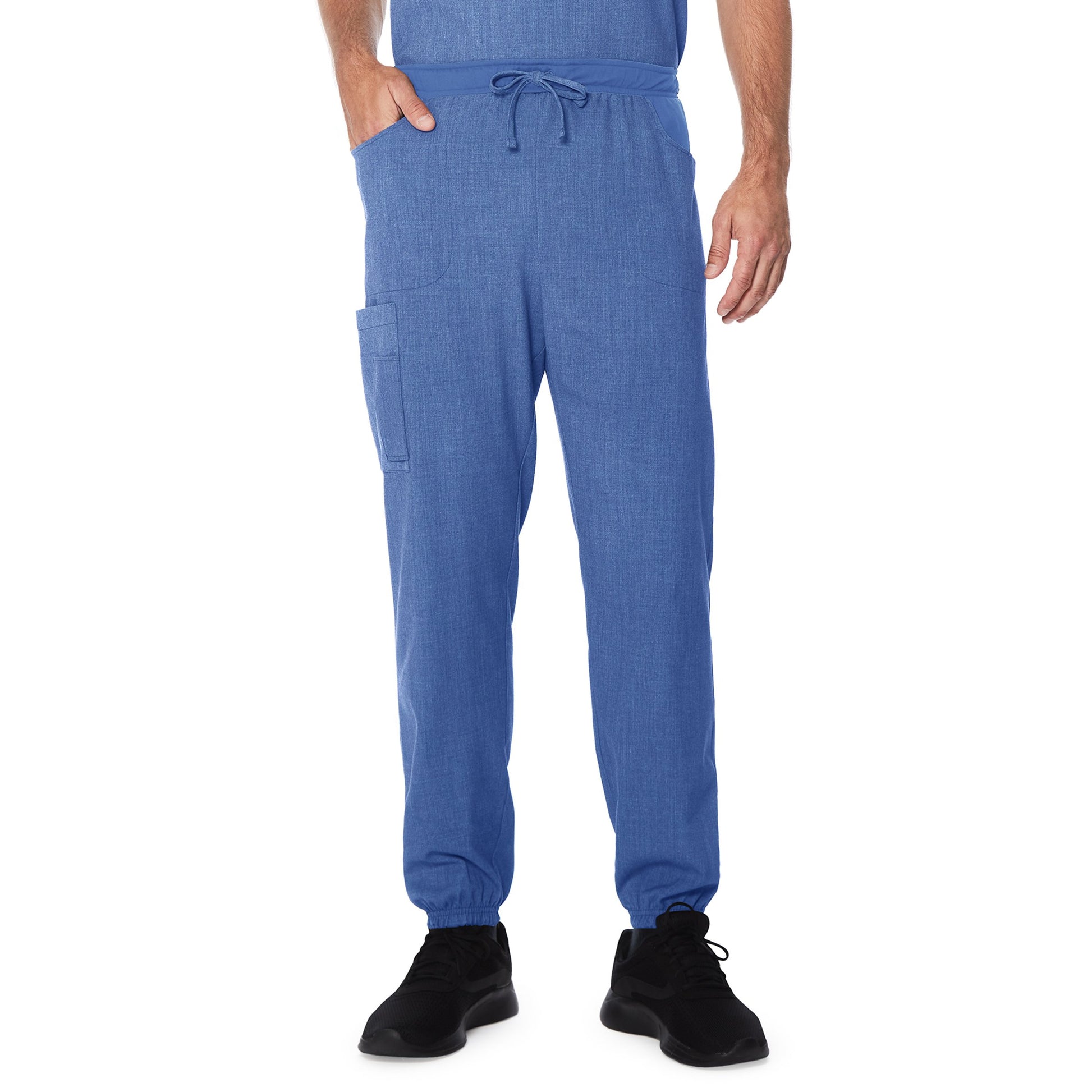 Ceil Heather;Model is wearing size M. He is 6'2", Waist 32", Inseam 32".@A man wearing a ceil heather scrub jogger pant.