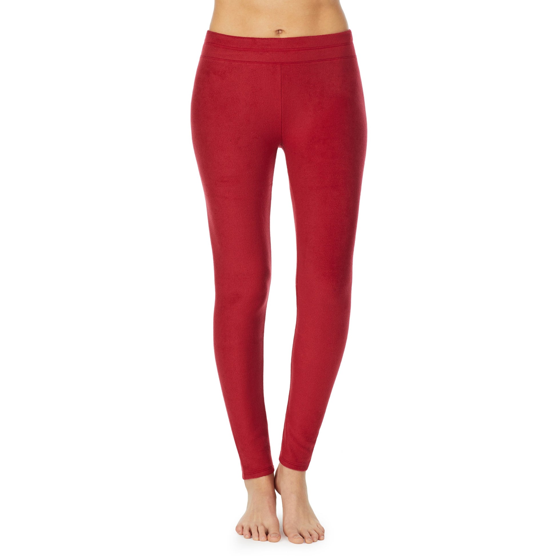 Deep Red;Model is wearing size S. She is 5’9”, Bust 32”, Waist 25.5”, Hips 36”.@A lady wearing fleecewear with stretch legging