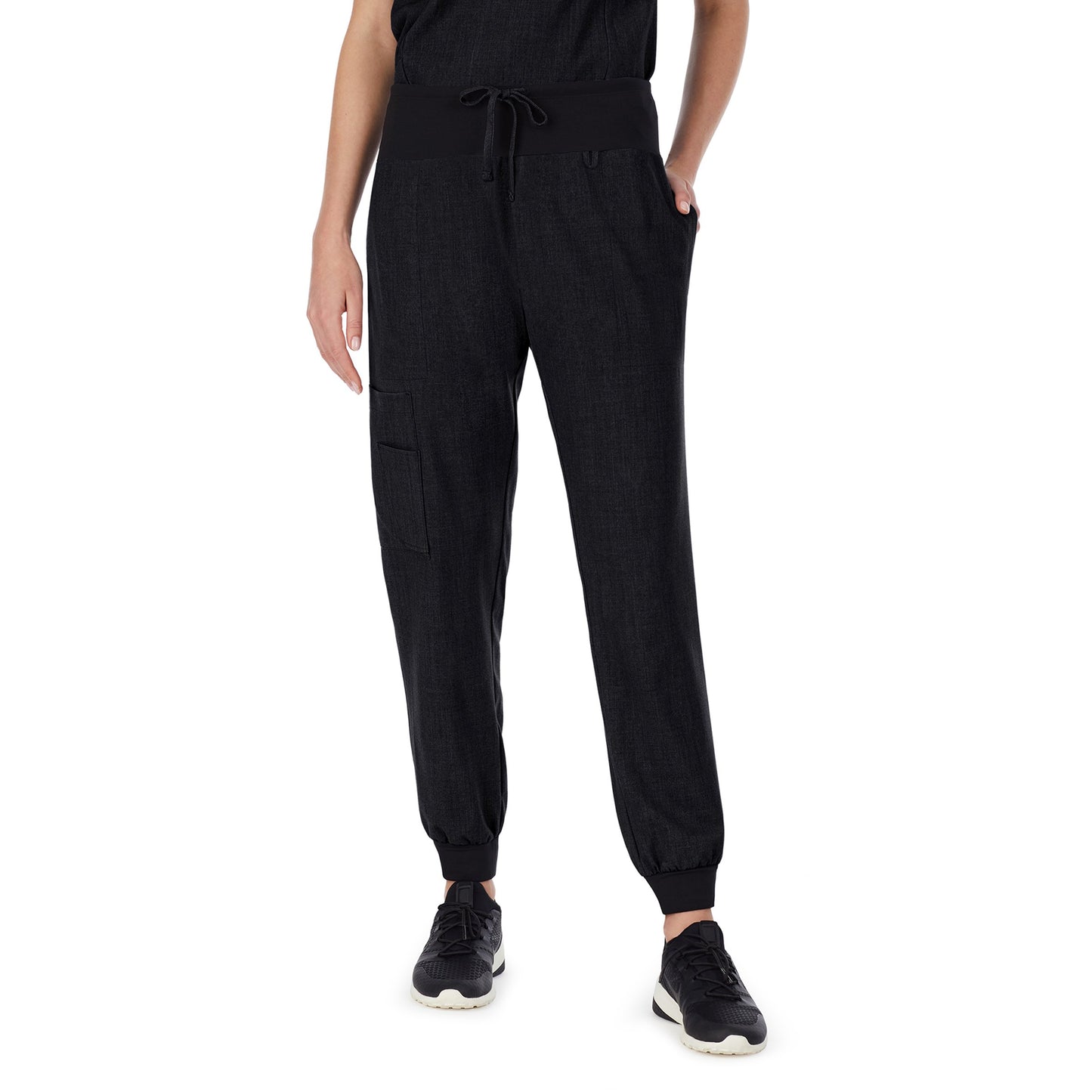 Black;Model is wearing size S. She is 5’9”, Bust 32”, Waist 23", Hips 34.5”.@A lady wearing black scrub jogger pant.