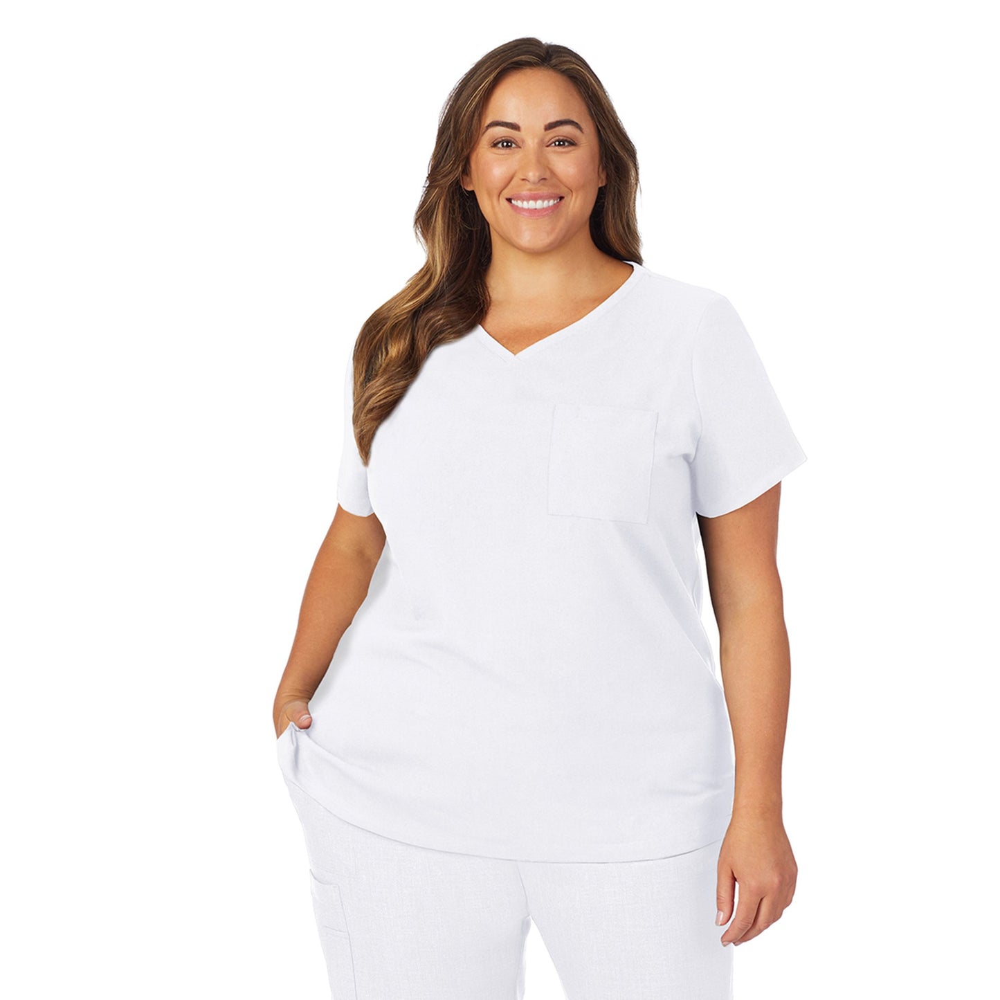 White;Model is wearing size 1X. She is 5’9.5”, Bust 43”, Waist 37”, Hips 49.5”.@A lady wearing white scrub v-neck top with chest pocket plus.