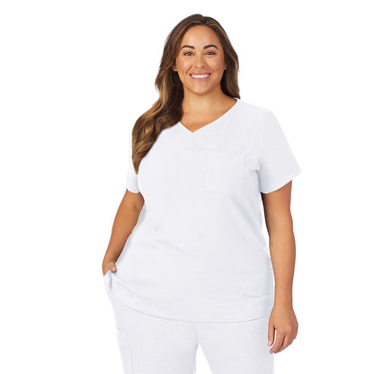 White;Model is wearing size 1X. She is 5’9.5”, Bust 43”, Waist 37”, Hips 49.5”.@A lady wearing white scrub v-neck top with chest pocket plus.