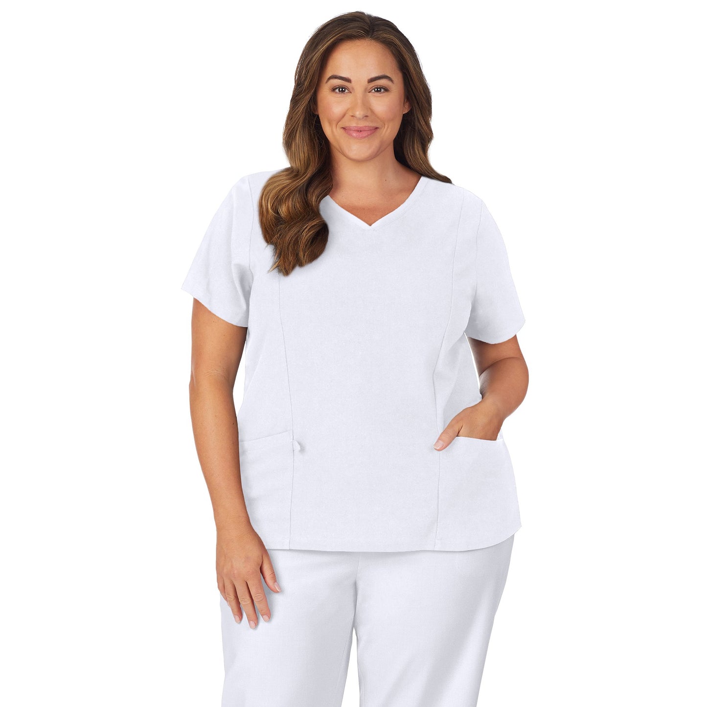 White;Model is wearing size 1X. She is 5’9.5”, Bust 43”, Waist 37”, Hips 49.5”.@A lady wearing navy heather scrub v-neck top with side pockets plus.