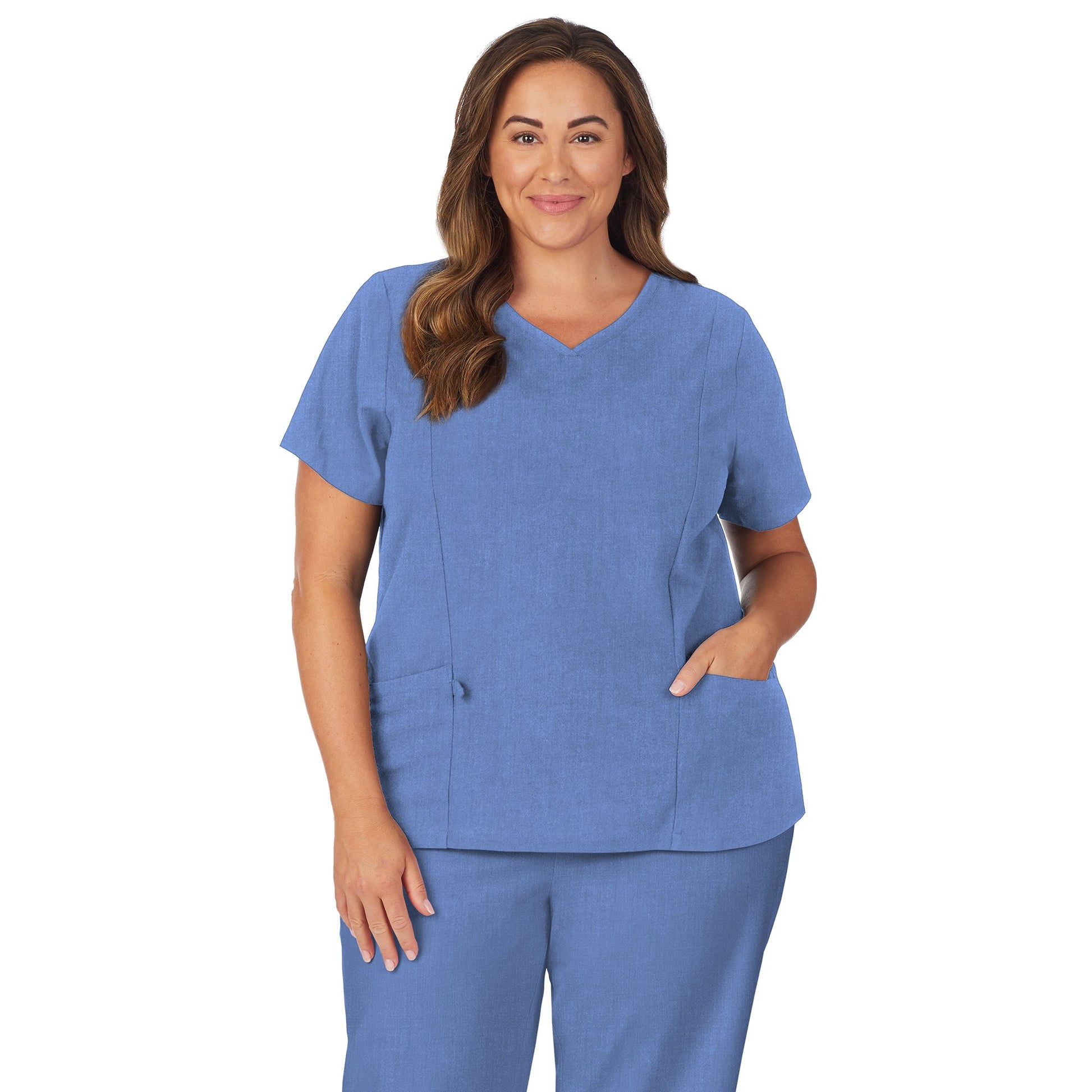 Ceil Heather;Model is wearing size 1X. She is 5’9.5”, Bust 43”, Waist 37”, Hips 49.5”.@A lady wearing navy heather scrub v-neck top with side pockets plus.