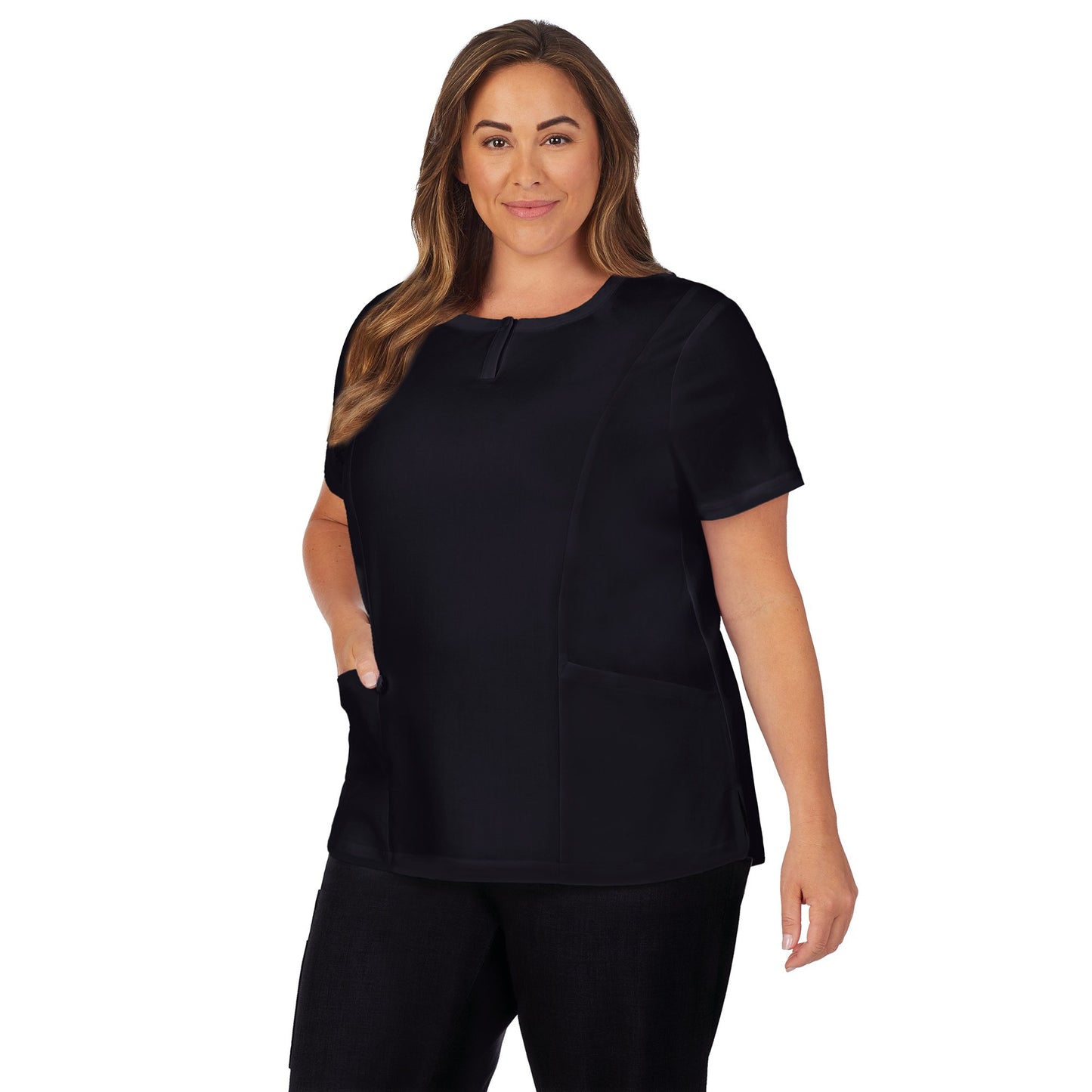 Black;Model is wearing size 1X. She is 5’9.5”, Bust 43”, Waist 37”, Hips 49.5”.@A lady wearing black scrub henley neck top with side pockets plus.