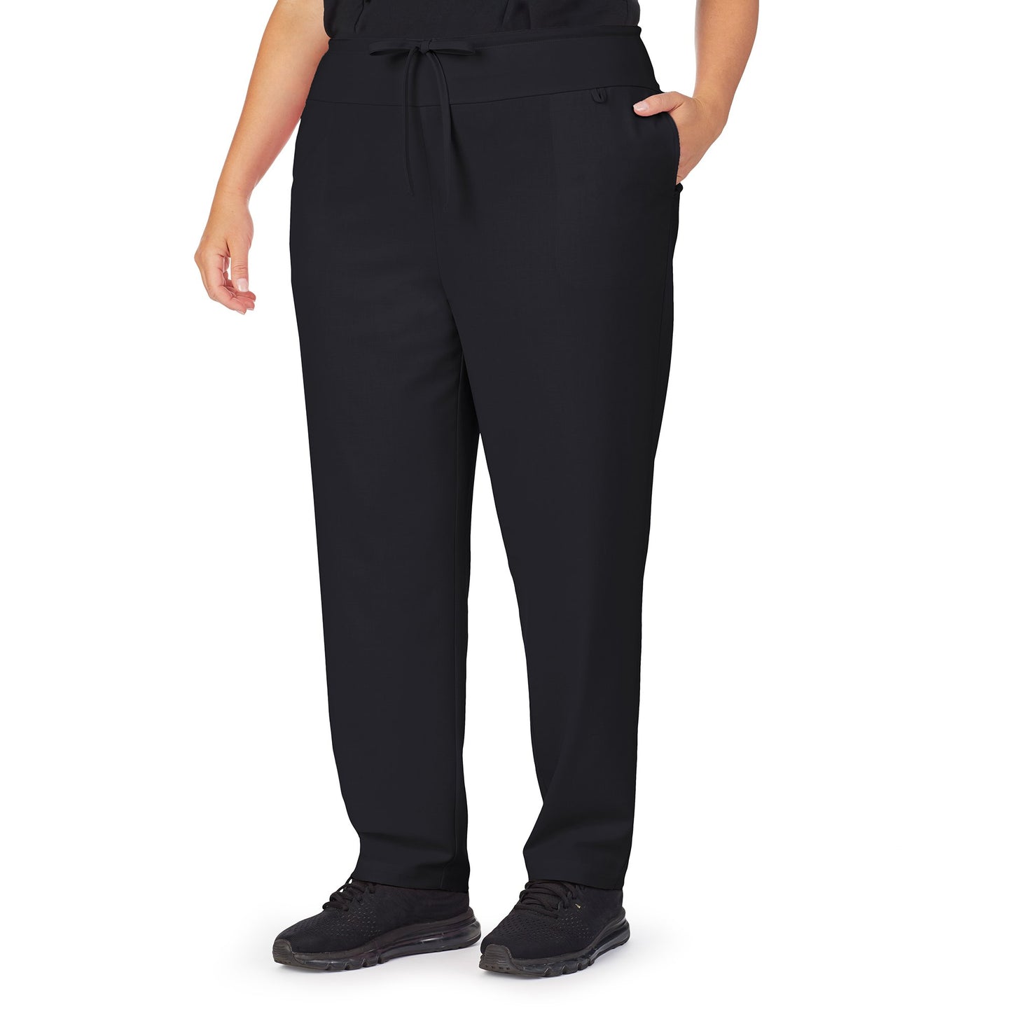 Black;Model is wearing size 1X. She is 5’9.5”, Bust 43”, Waist 37”, Hips 49.5”.@A lady wearing black scrub classic pant plus.