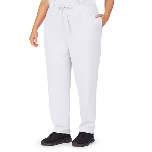 White;Model is wearing size 1X. She is 5’9.5”, Bust 43”, Waist 37”, Hips 49.5”.@A lady wearing white scrub classic pant plus.