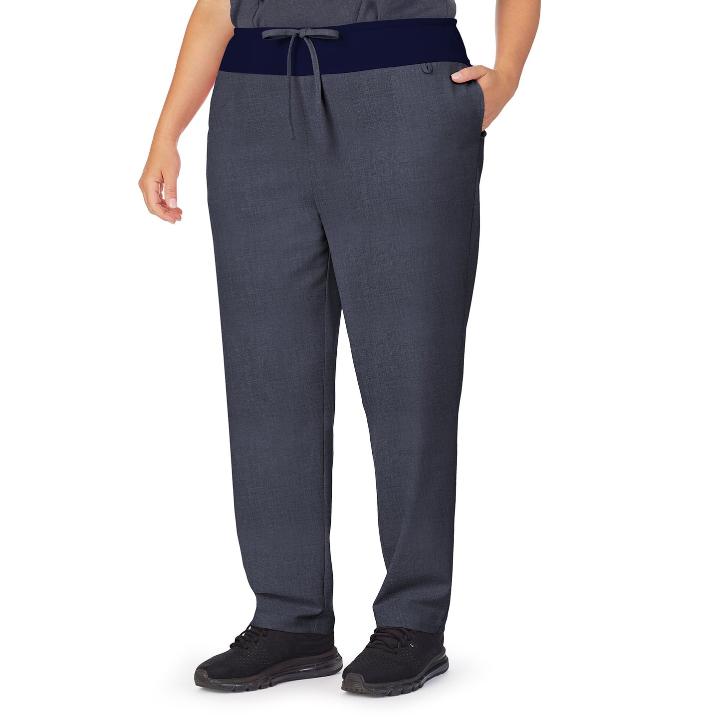 Navy Heather;Model is wearing size 1X. She is 5’9.5”, Bust 43”, Waist 37”, Hips 49.5”.@A lady wearing navy heather scrub classic pant plus.