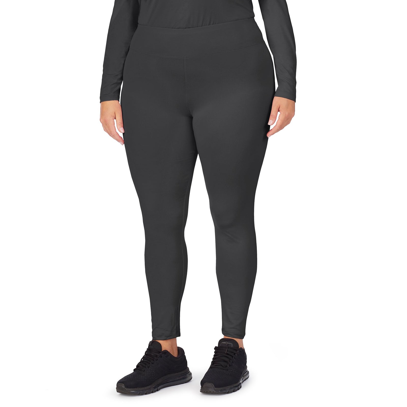 Black;Model is wearing size 1X. She is 5’9.5”, Bust 43”, Waist 37”, Hips 49.5”.@A lady wearing black underscrub legging plus.
