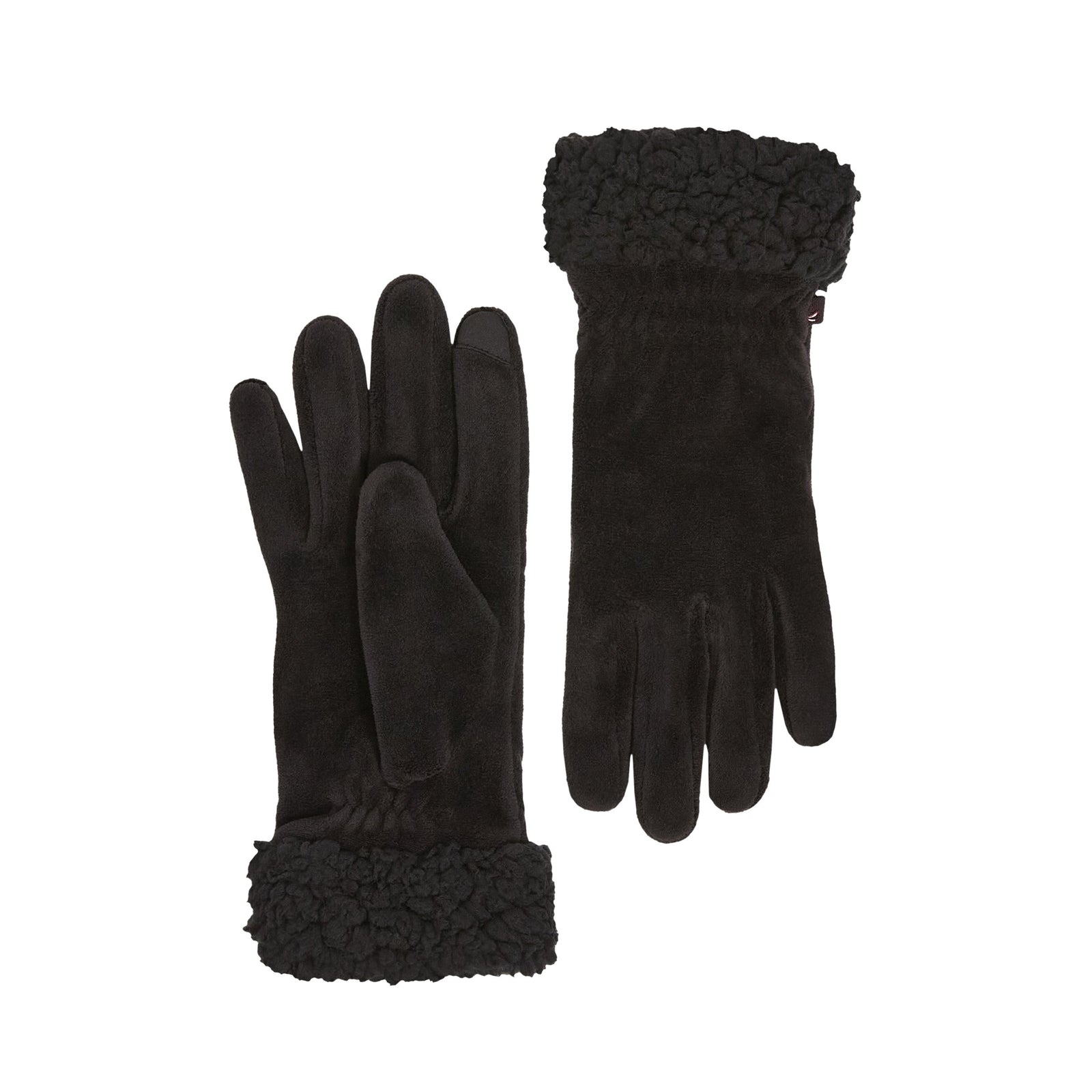Black; @Double Plush Velour and Faux Fur Gloves with Sherpa Cuff
