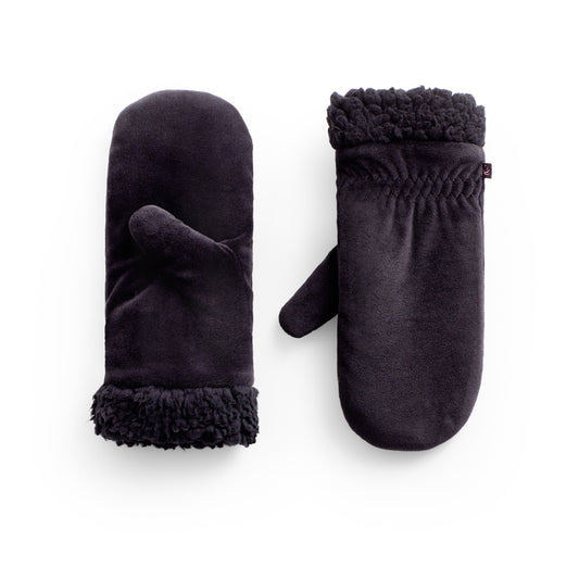 Black;@Double Plush Velour Mitten with Faux Sherpa Cuff