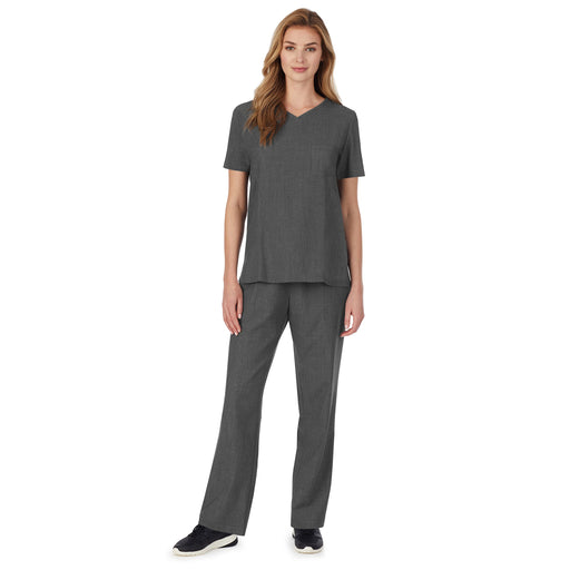 Charcoal Heather;@A lady wearing charcoal heather scrub v-neck top with chest pocket petite.