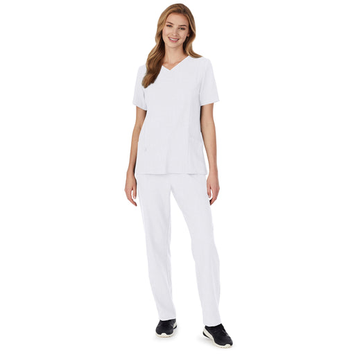 A lady wearing white scrub v-neck top with side pockets petite.