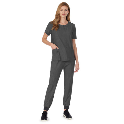 Charcoal Heather;@A lady wearing charcoal heather scrub henley neck top with side pockets petite.