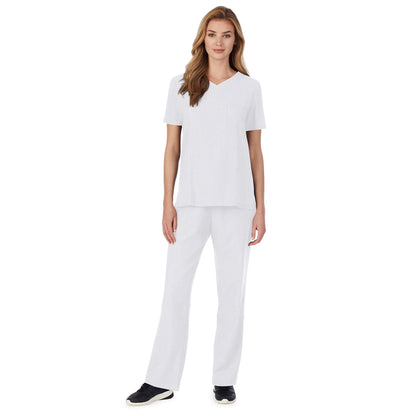 White;Model is wearing size S. She is 5’9”, Bust 32”, Waist 23", Hips 34.5”.@A lady wearing Cameo White short sleeve scrub v-neck top with chest pocket.