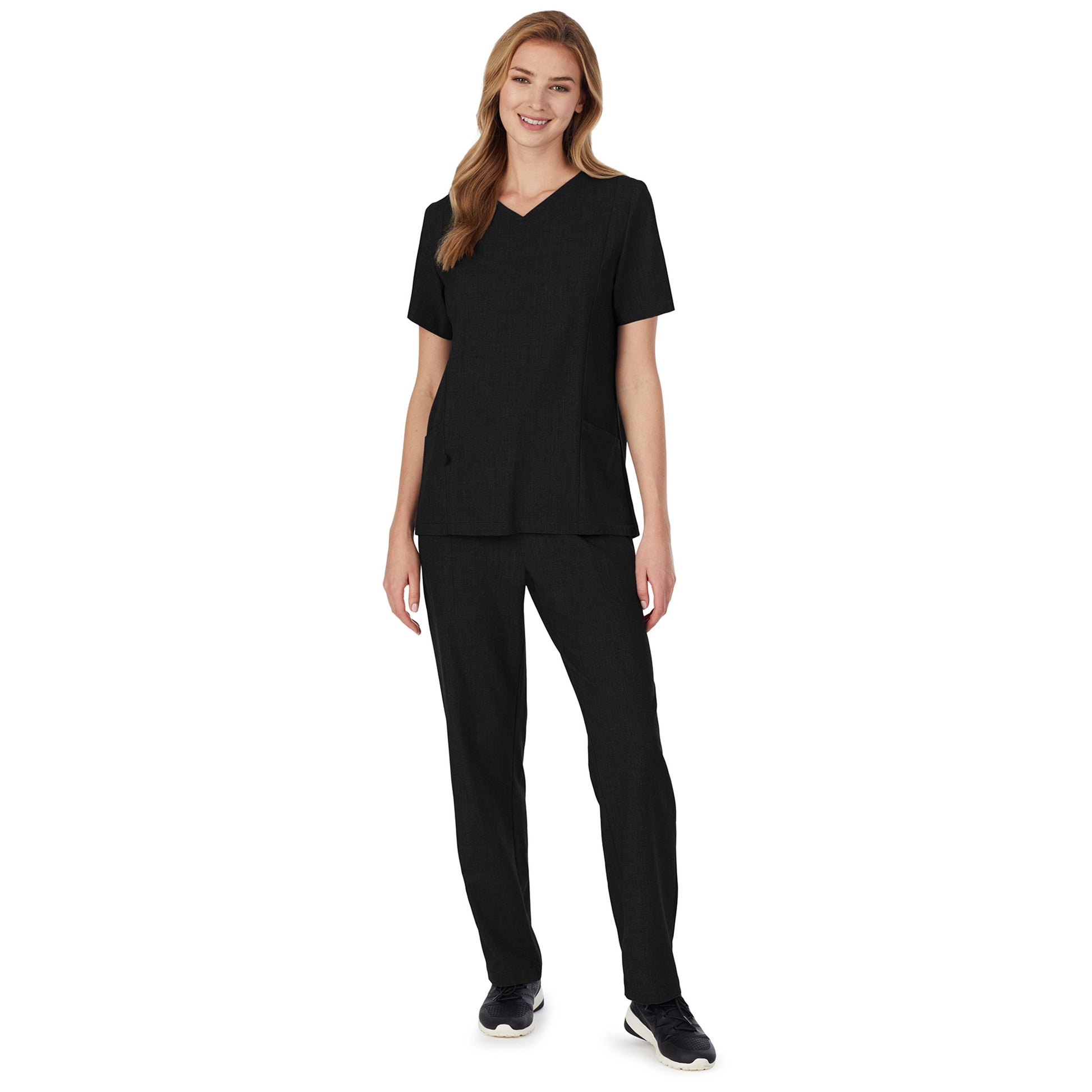 Black;Model is wearing size S. She is 5’9”, Bust 32”, Waist 23", Hips 34.5”.@A lady wearing black scrub v-neck top with side pockets.