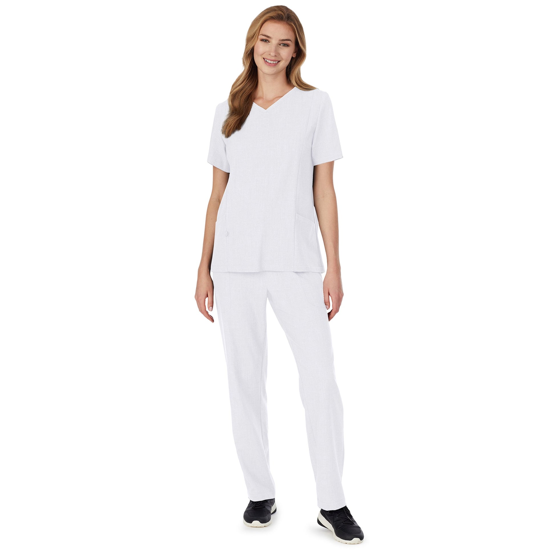White;Model is wearing size S. She is 5’9”, Bust 32”, Waist 23", Hips 34.5”.@A lady wearing white scrub v-neck top with side pockets.