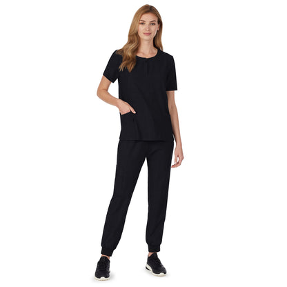 Black;Model is wearing size S. She is 5’9”, Bust 32”, Waist 23", Hips 34.5”.@A lady wearing black short sleeve scrub henley neck top with side pockets.