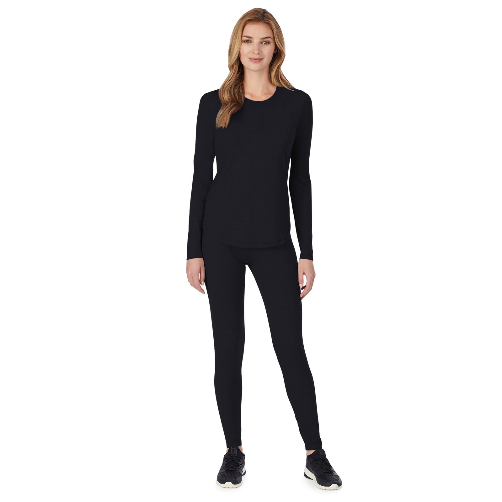 Black;Model is wearing size S. She is 5’9”, Bust 32”, Waist 23", Hips 34.5”.@A lady wearing a black long sleeve underscrub crew neck top.