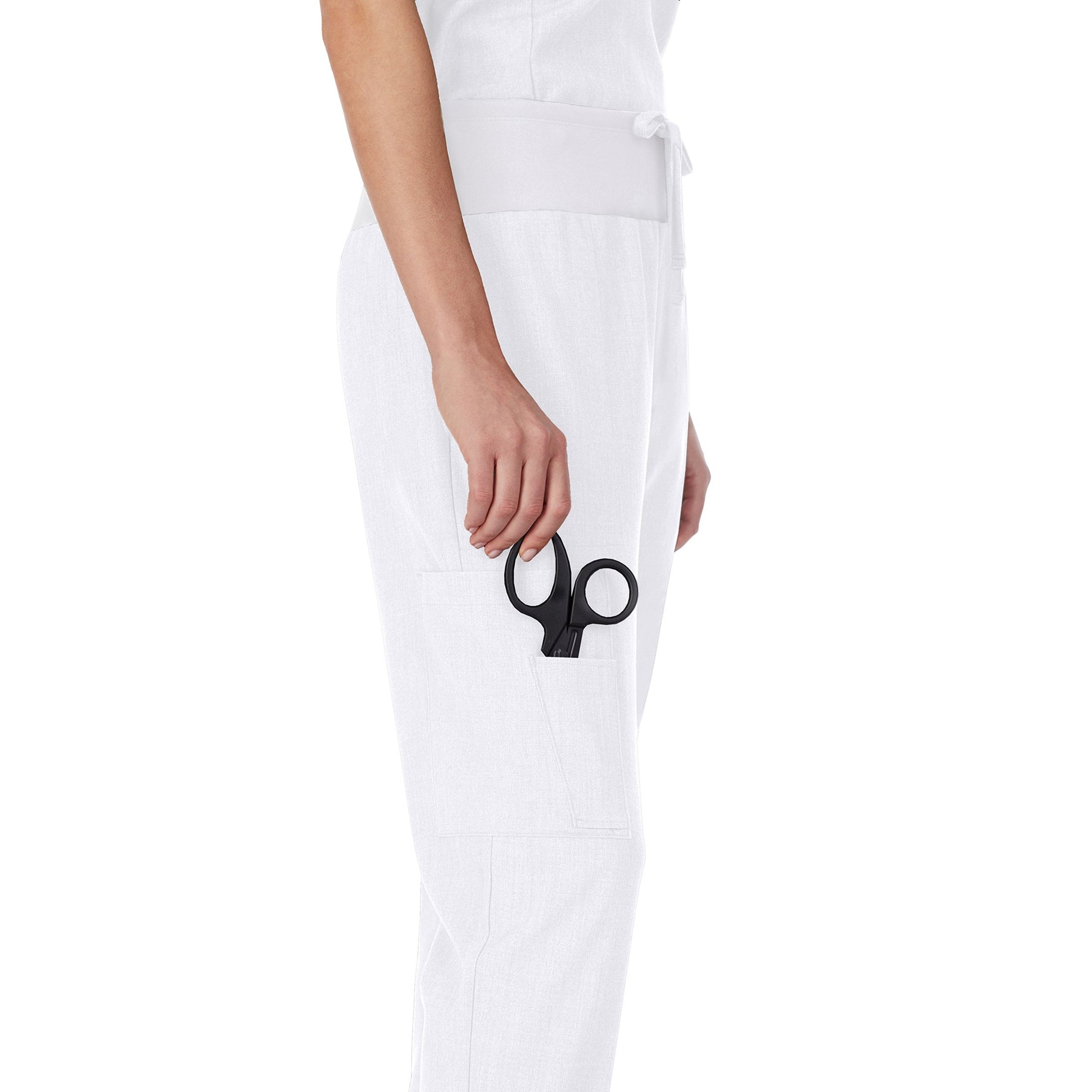 white;Model is wearing size S. She is 5’9”, Bust 32”, Waist 23", Hips 34.5”.@A lady wearing white scrub jogger pant.