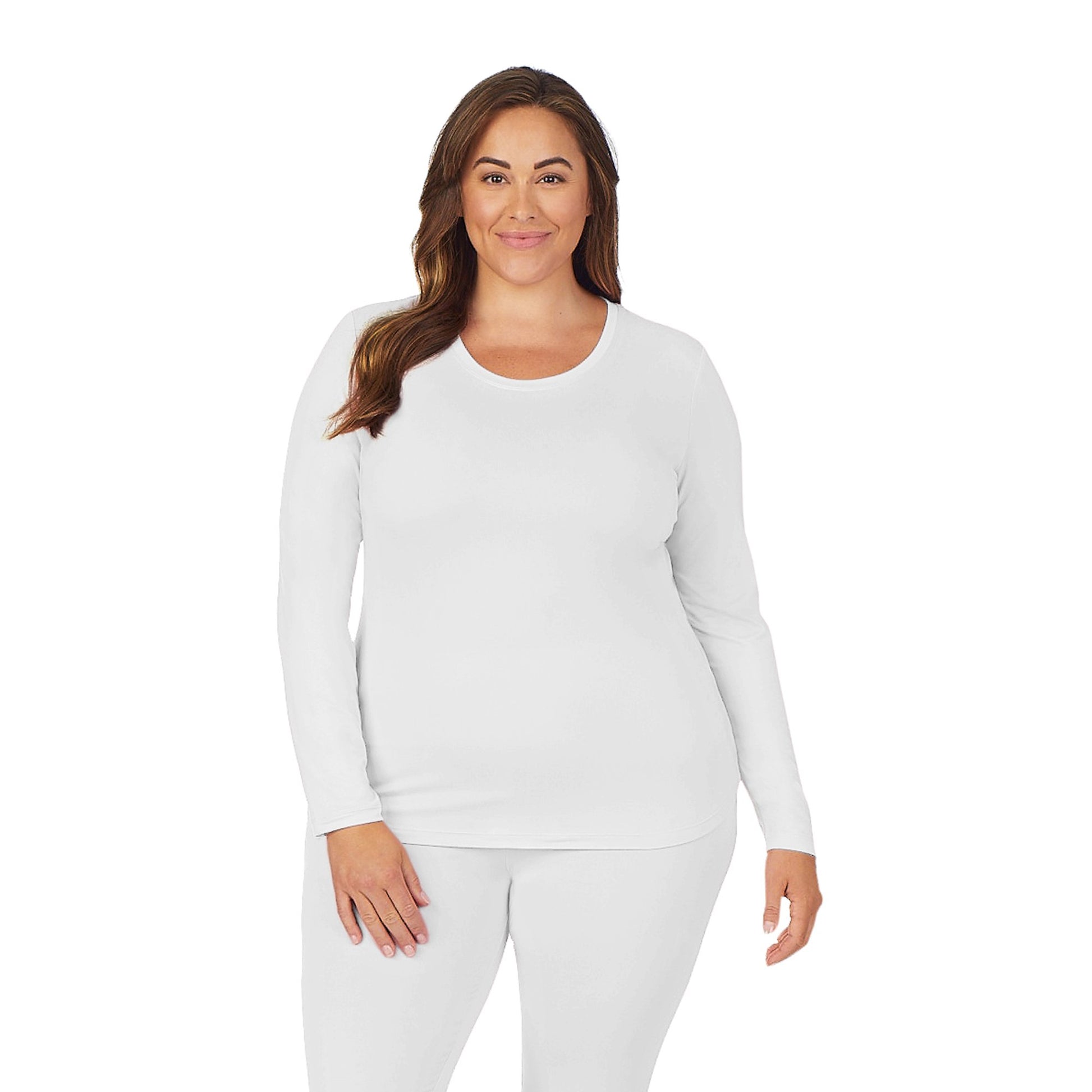 White;Model is wearing size 1X. She is 5’9.5”, Bust 43”, Waist 37”, Hips 49.5”.@A lady wearing white long sleeve underscrub crew neck top plus.