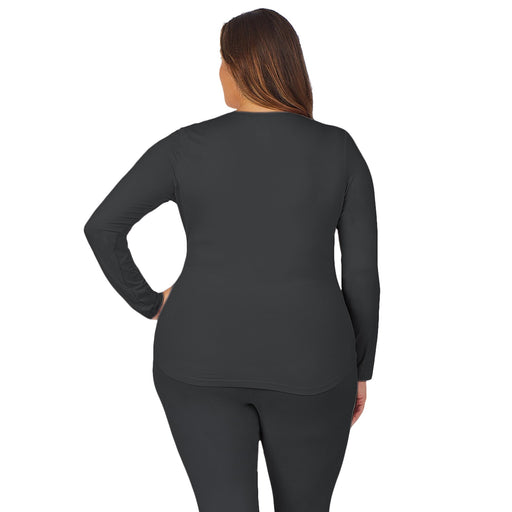 Charcoal;Model is wearing size 1X. She is 5’9.5”, Bust 43”, Waist 37”, Hips 49.5”.@A lady wearing charcoal long sleeve underscrub crew neck top plus.