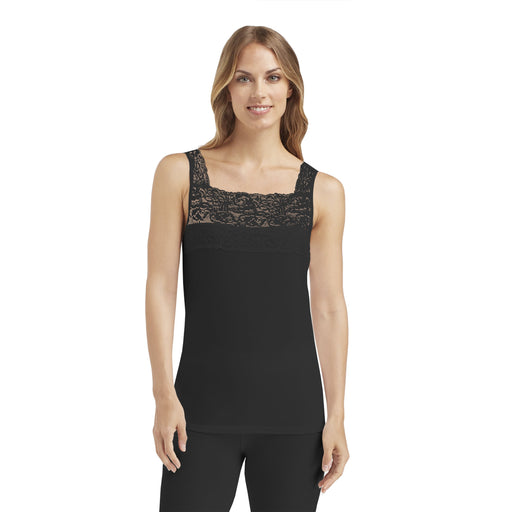 Black;Model is wearing size S. She is 5’9”, Bust 34”, Waist 26”, Hips 36”.@A lady wearing black softech stretch lace detail cami.